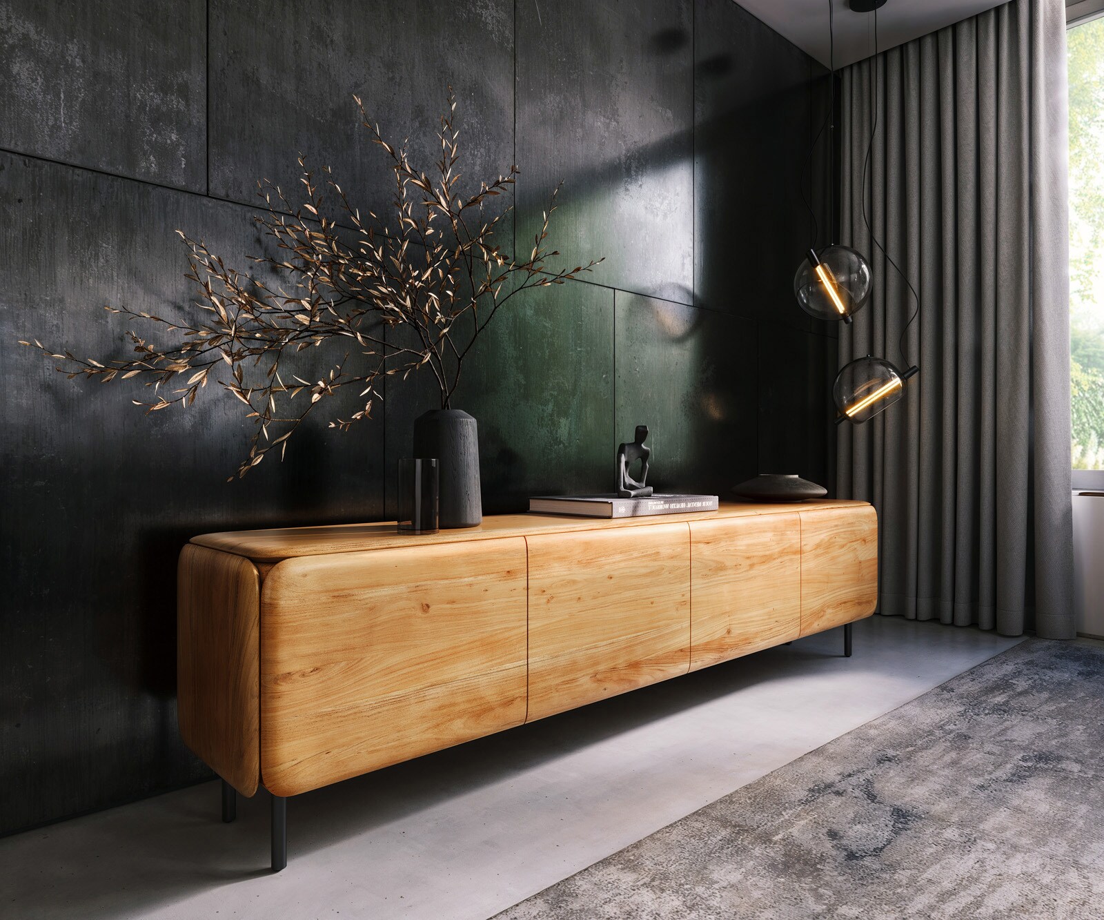 Meuble-TV Shavani 220 cm Acacia naturel 4 portes Pieds ronds Métal Noir