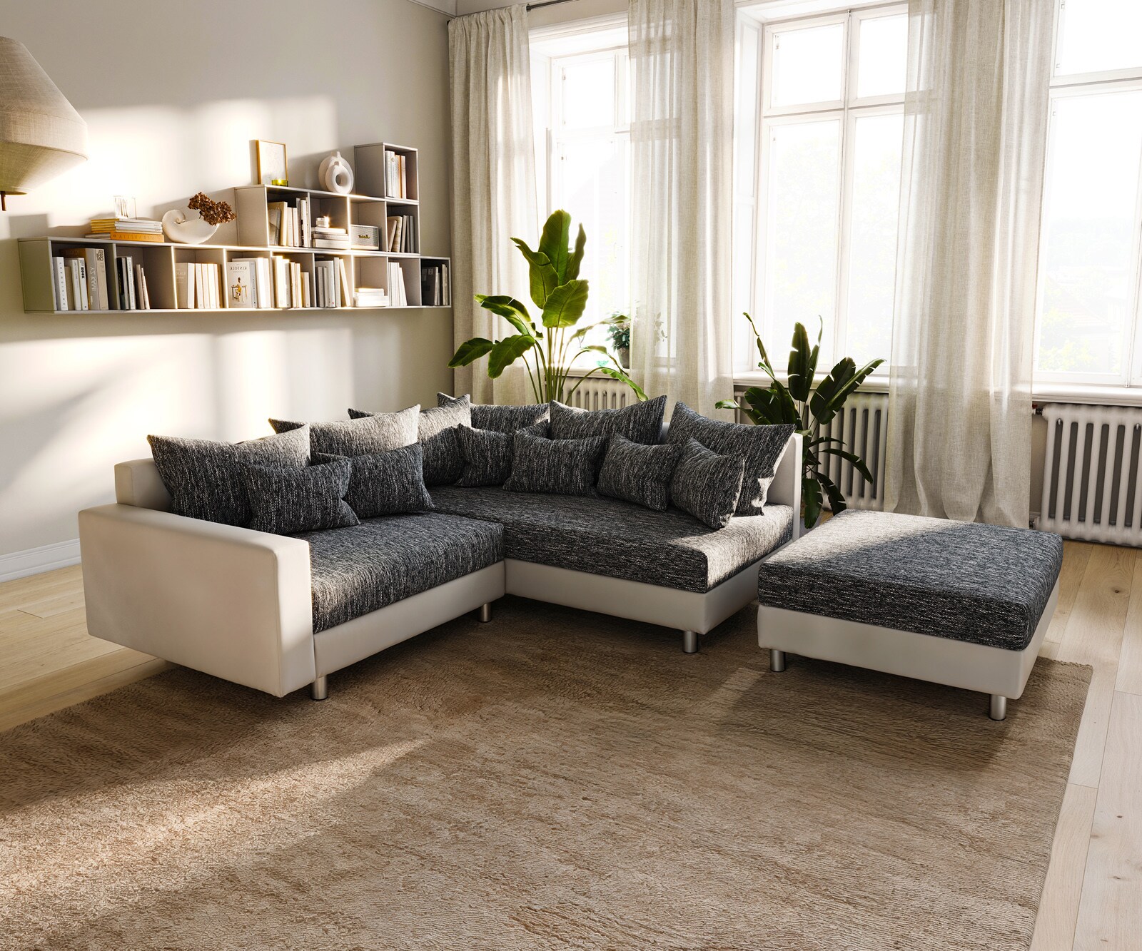 Canapé-d'angle Clovis Blanc Noir avec tabouret et accoudoirs poufs droite 