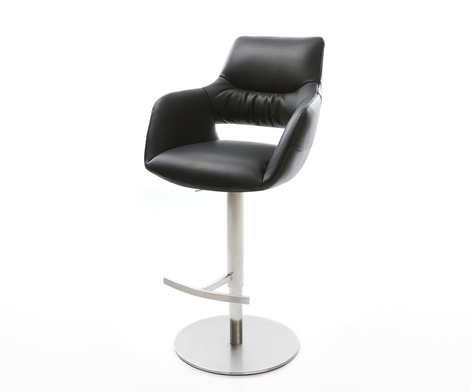 Chaise-de-bar Yago-Flex cuir véritable noir pied pivotant réglable en hauteur acier inoxydable pivotant ressorts ensachés