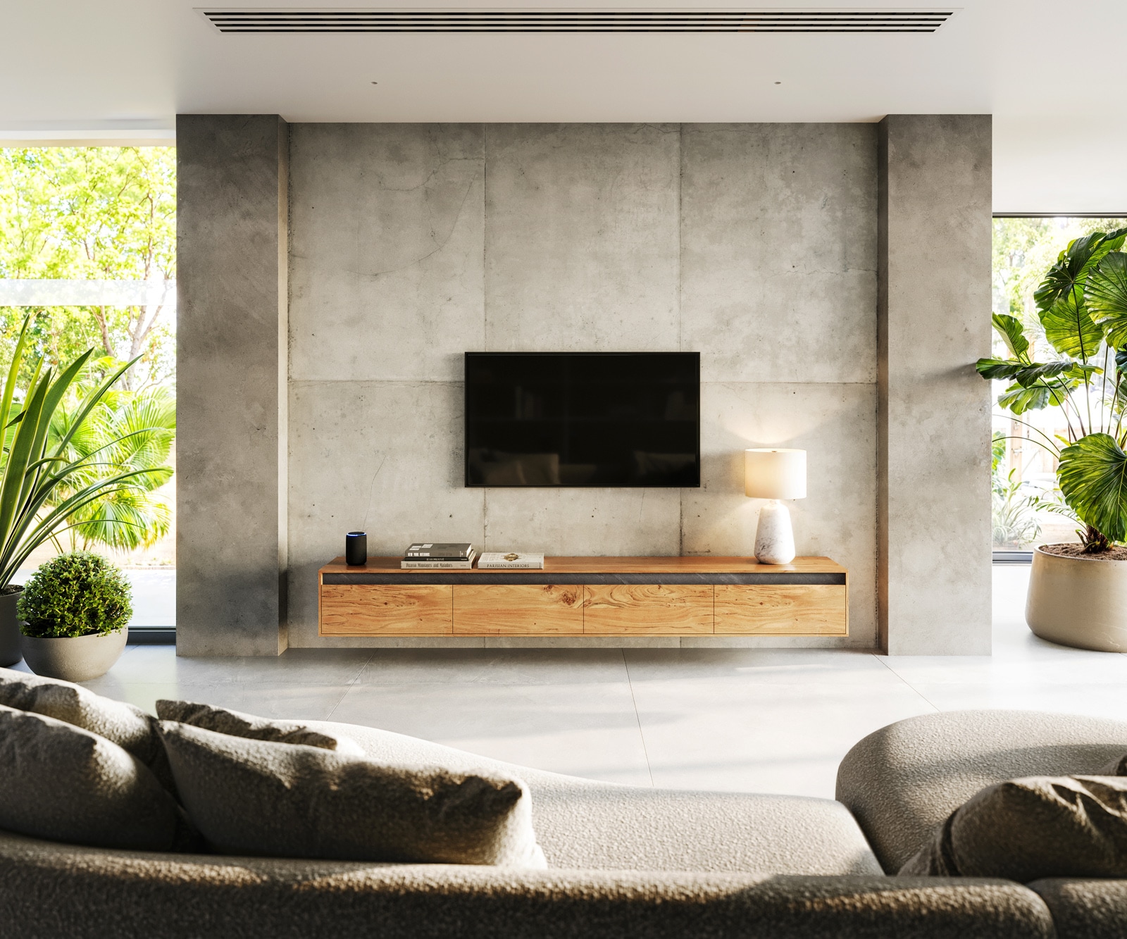 Meuble-TV Stonegrace 240 cm acacia nature 4 portes flottantes 2