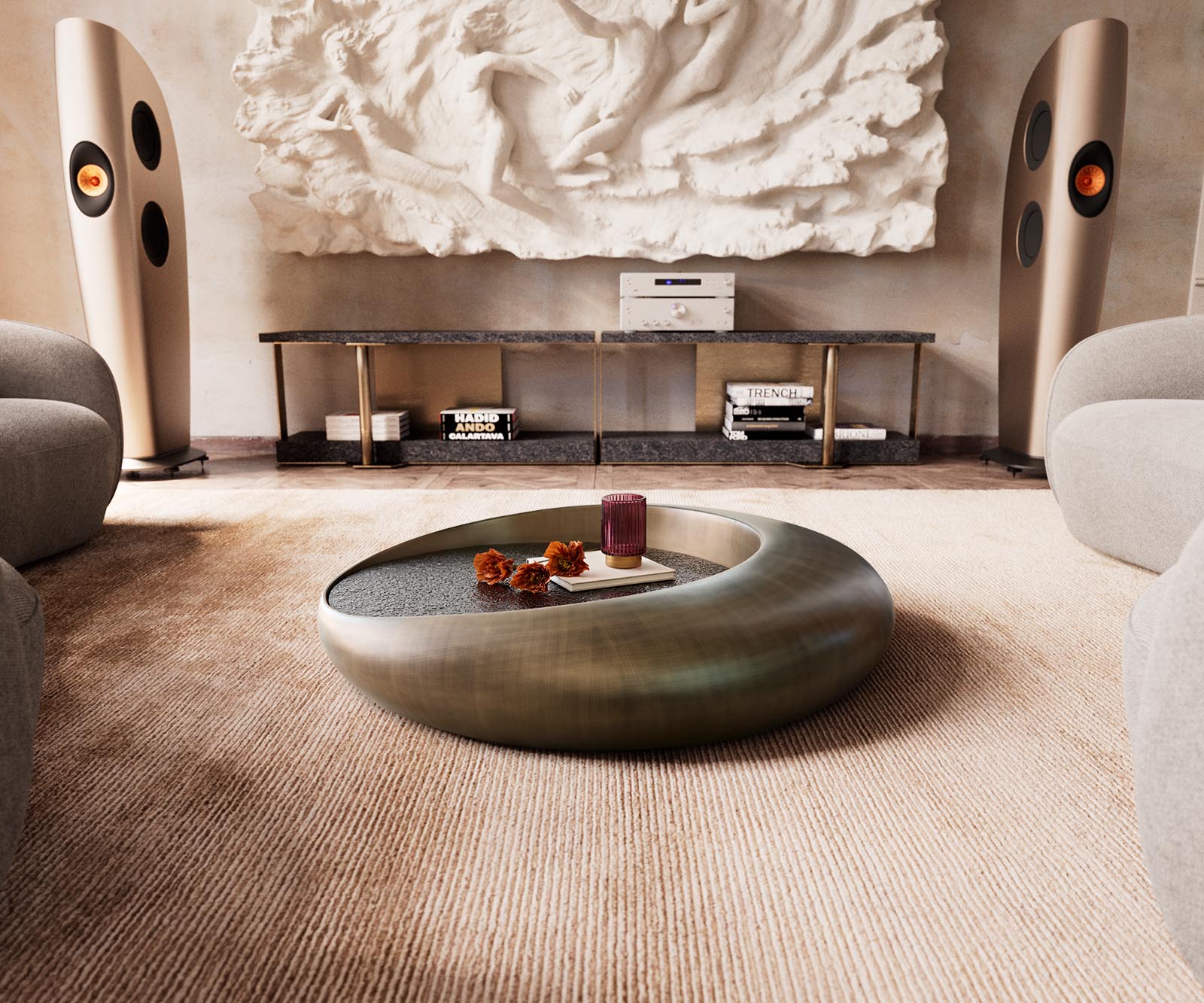 Table basse Blaise 100x100 cm or avec verre en relief taupe 2