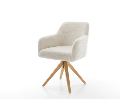 Chaise-pivotante Greg-Flex peluche crème-blanc pied en bois angulaire naturel pivotement sur 180° ressorts ensachés