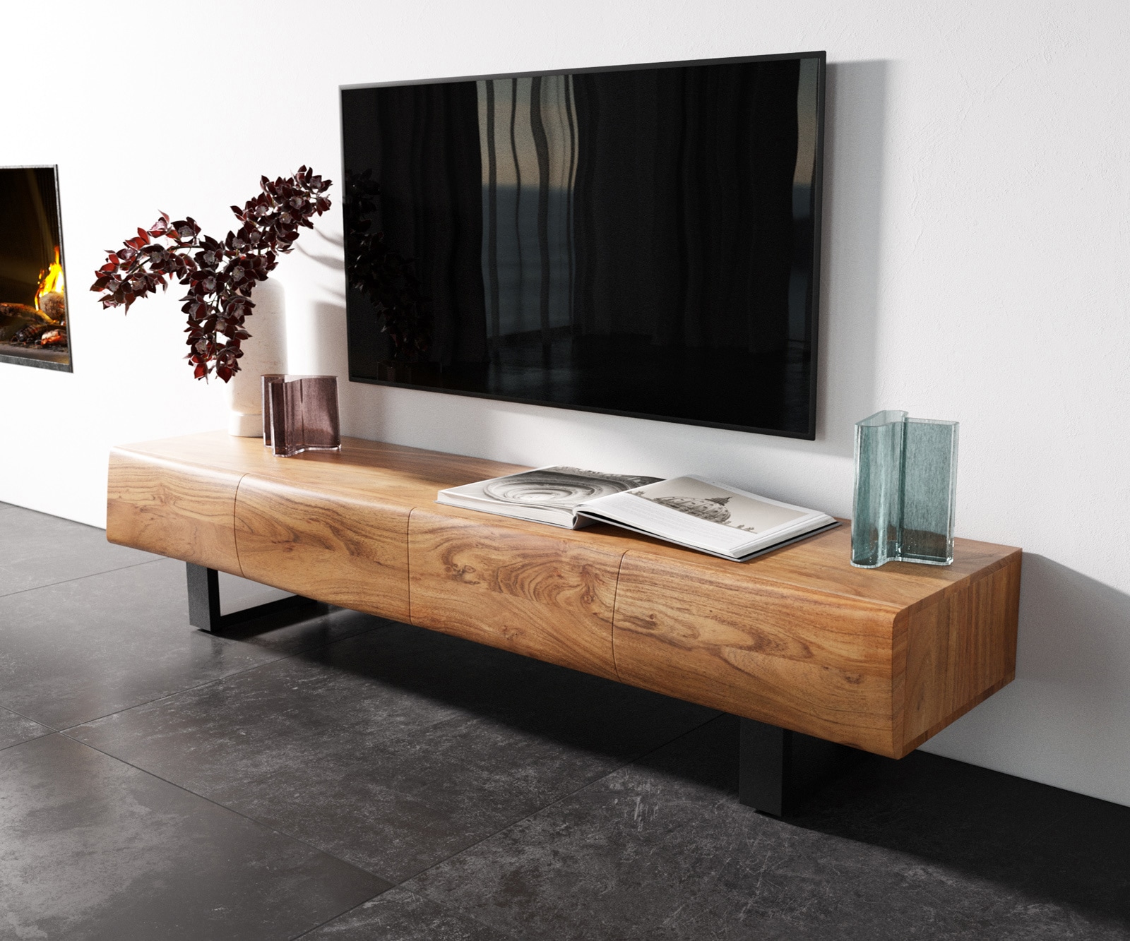 Meuble TV New Live-Edge 175 cm acacia naturel 4 portes patins métal noir 