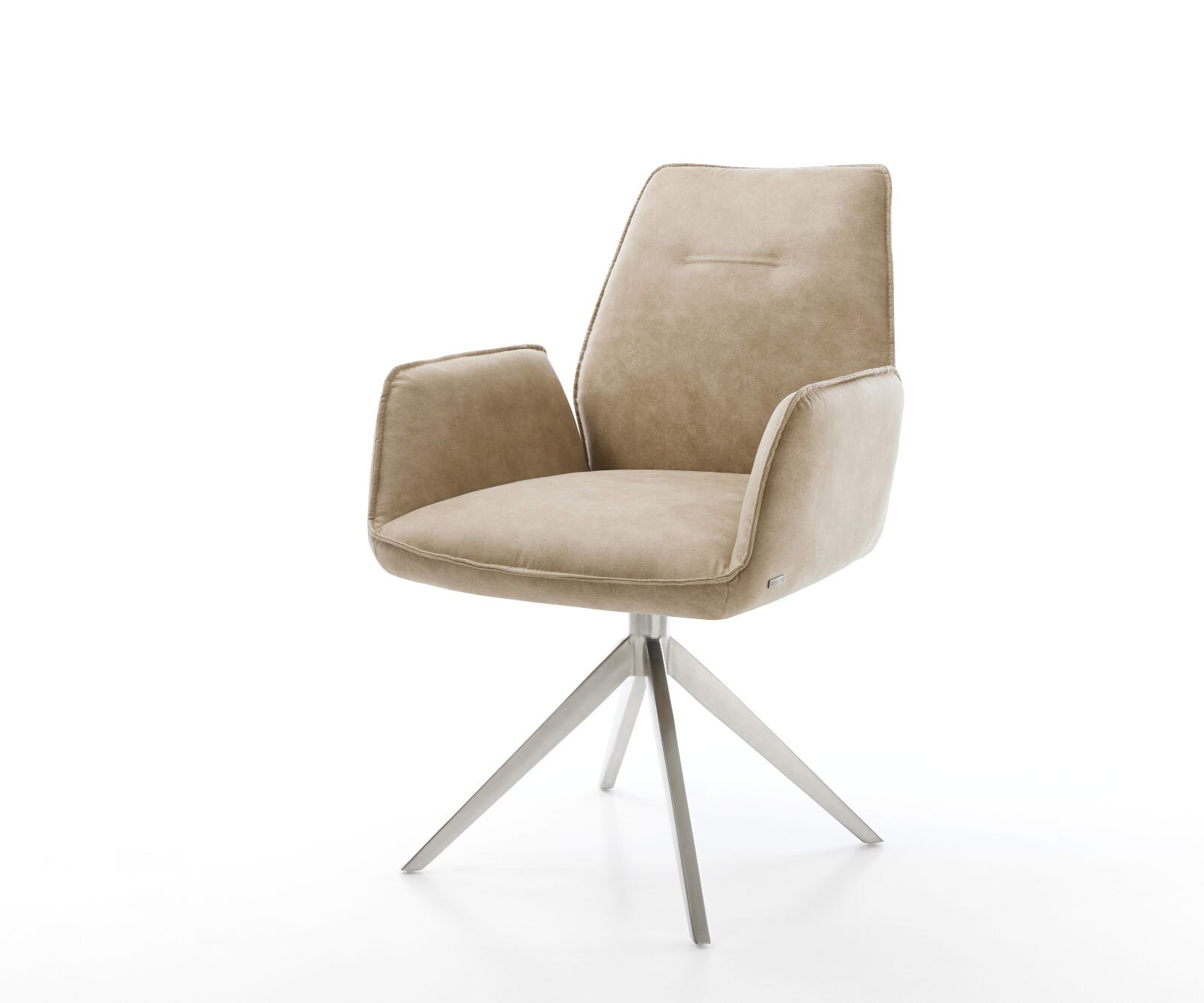 Chaise-de-salle-à-manger Zoa-Flex microvelours beige vintage pied croisé large acier inoxydable brossé ressorts ensachés