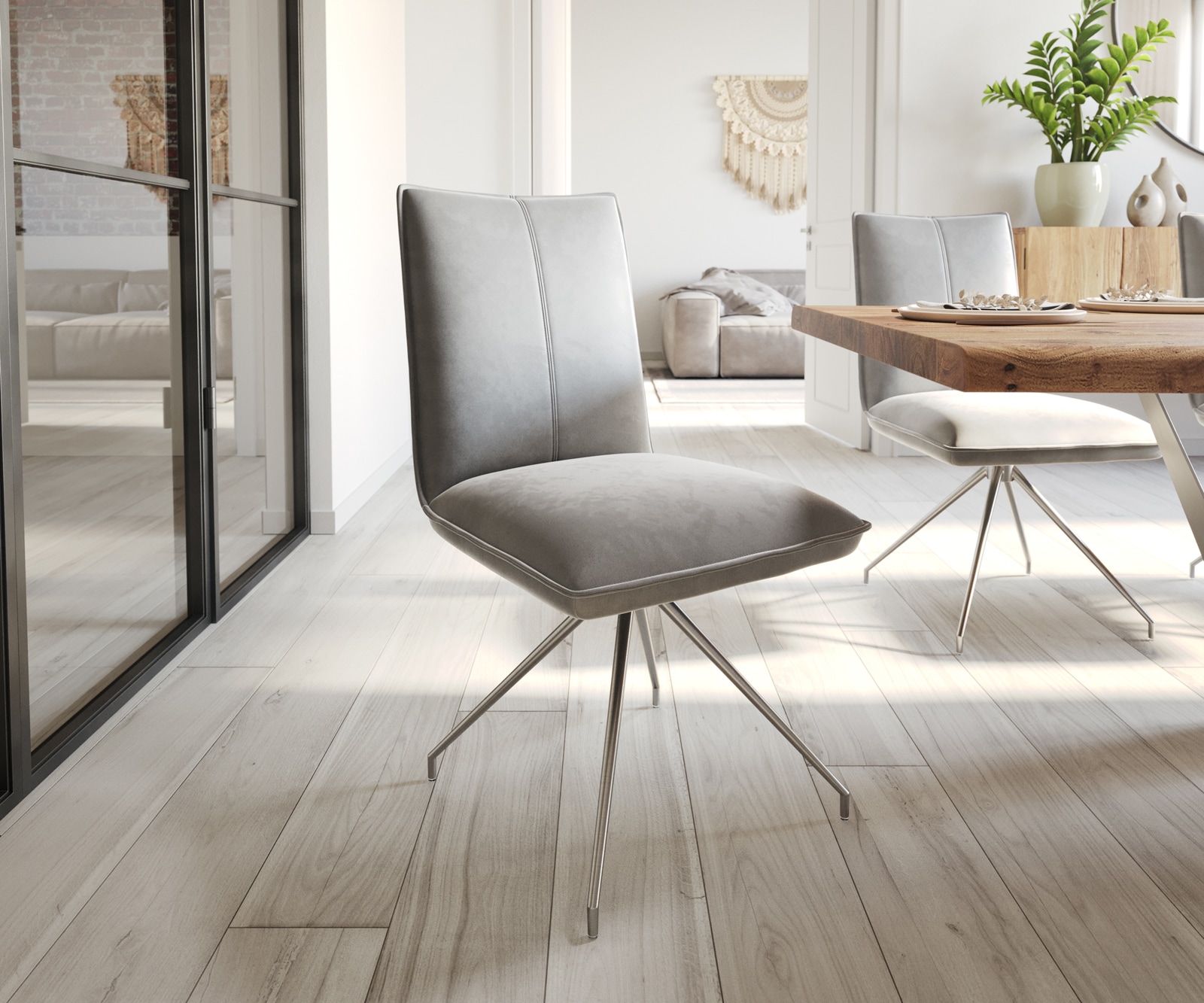 Chaise-de-salle-à-manger Lelio-Flex velours gris pied croisé conique acier inoxydable brossé ressorts ensachés Chaise-de-salle-à-manger Lelio-Flex velours gris pied croisé conique acier inoxydable brossé ressorts ensachés