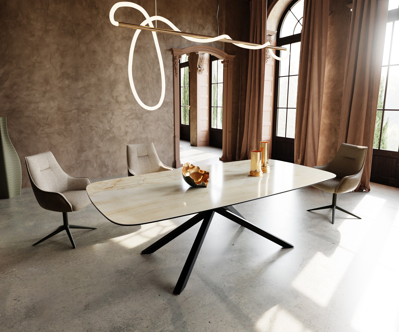 Table à manger Edge Boot 240x120 cm Céramique Iris FMG Onice Oro piètement en croix Rectangle Noir 1