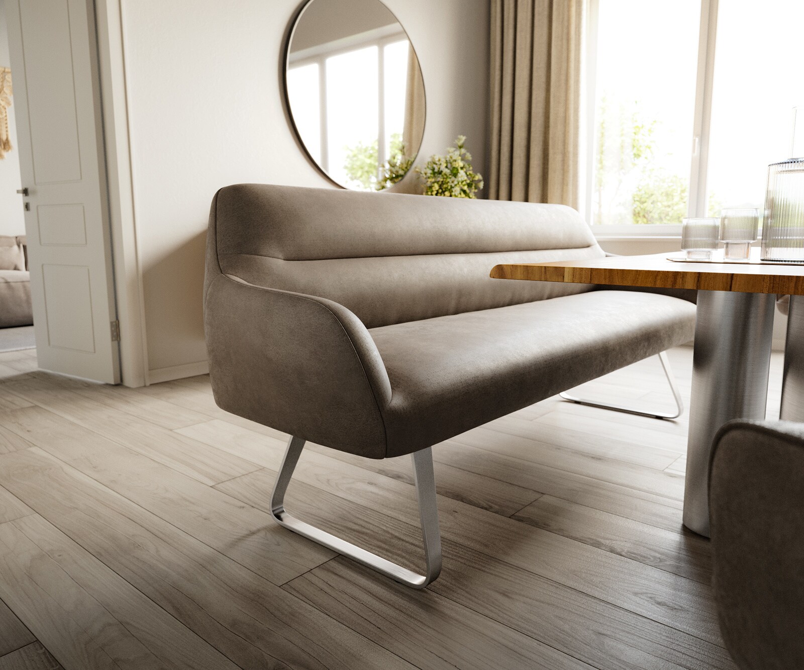 Banc-de-salle-à-manger Taya-Flex 200 cm microfibre taupe vintage châssis à patins plat acier inoxydable ressort ensaché 4