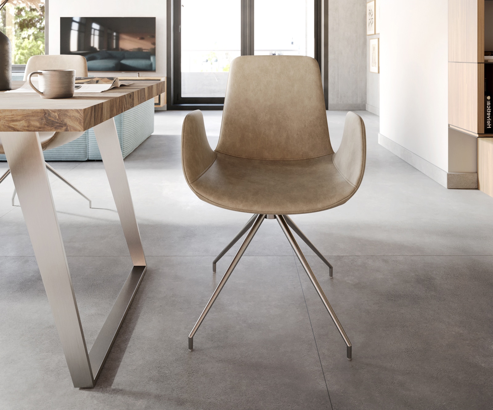 Chaise-de-salle-à-manger Ilia-Flex avec accoudoirs microvelours beige vintage pied croisé conique acier inoxydable brossé 1 Chaise-de-salle-à-manger Ilia-Flex avec accoudoirs microvelours beige vintage pied croisé conique acier inoxydable brossé 1