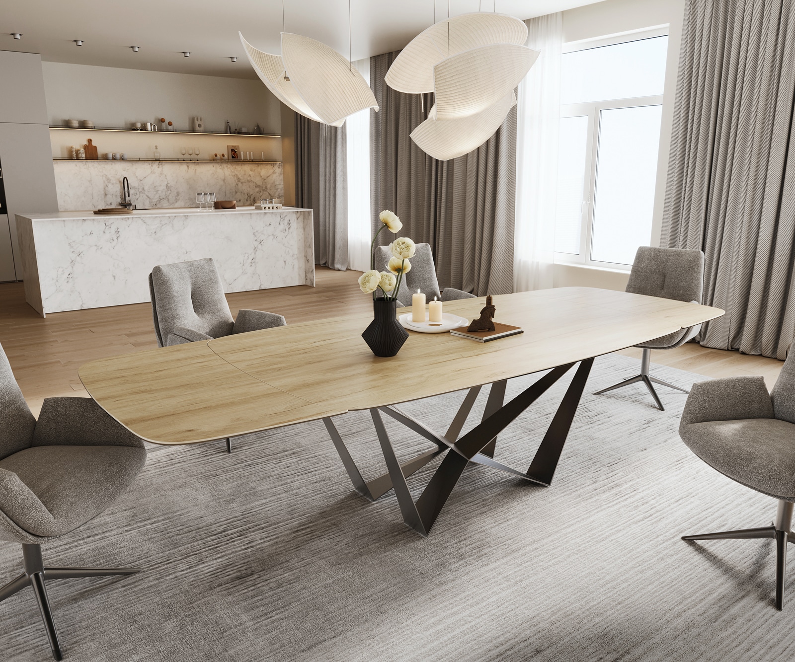 Table à manger Edge Boot 200-300x120 cm Céramique Laminam® Sabbia Eichefarbig Spider Flachstahl Acier inoxydable Graphite extensible