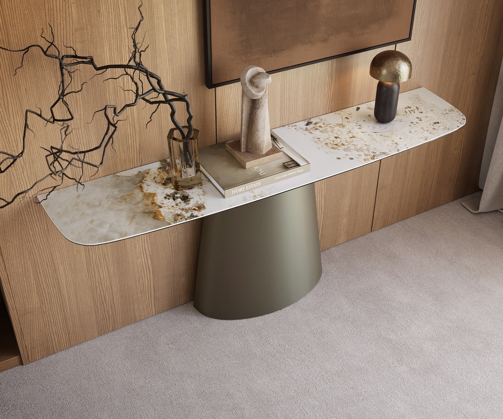 Console Edge forme bateau 180x40 cm Céramique Minas Melange Weiß-Beige Conos Métal Effektfinish Titan 2
