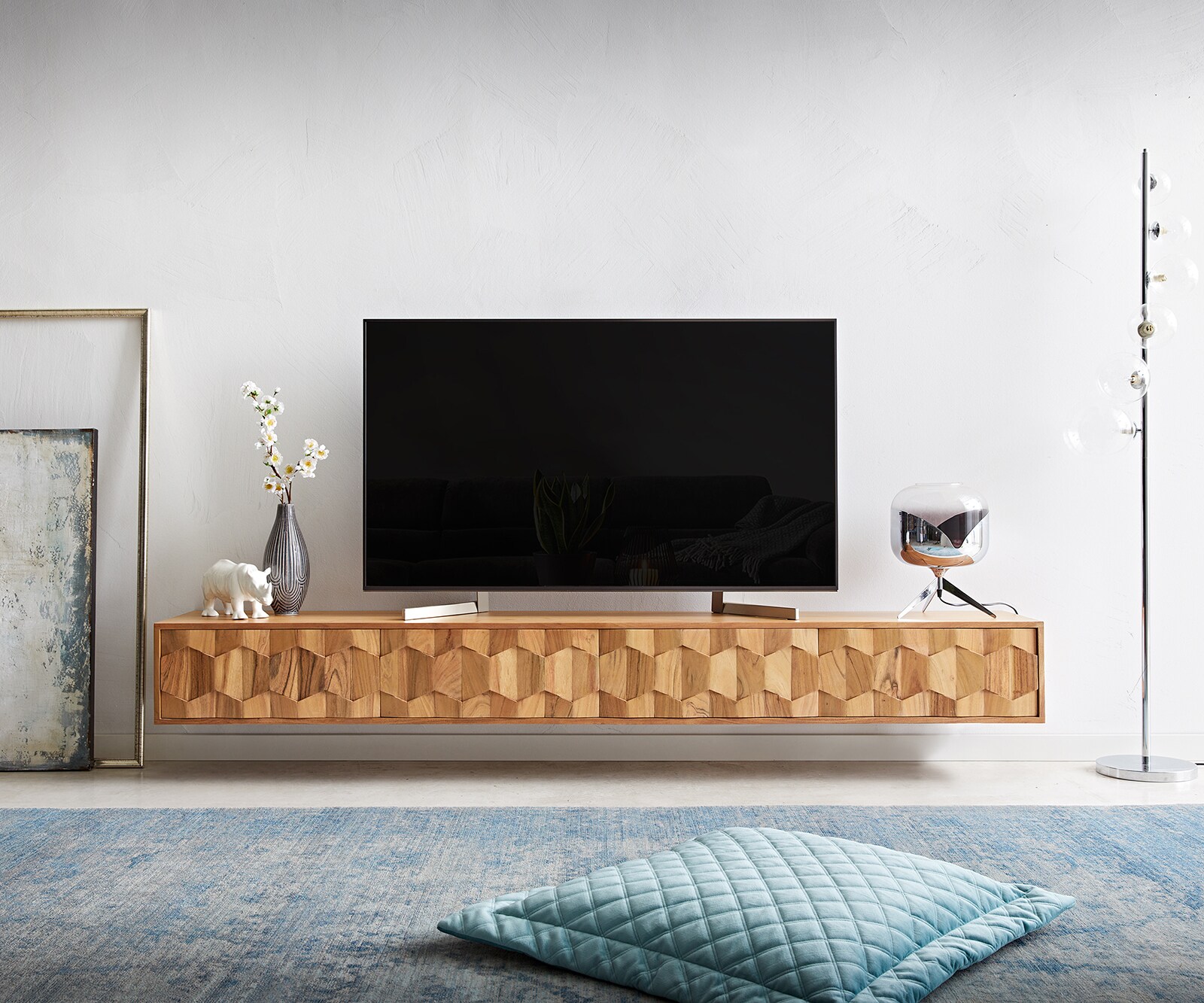 Meuble-TV Fevo 220 cm acacia naturel 4 portes flottantes 1