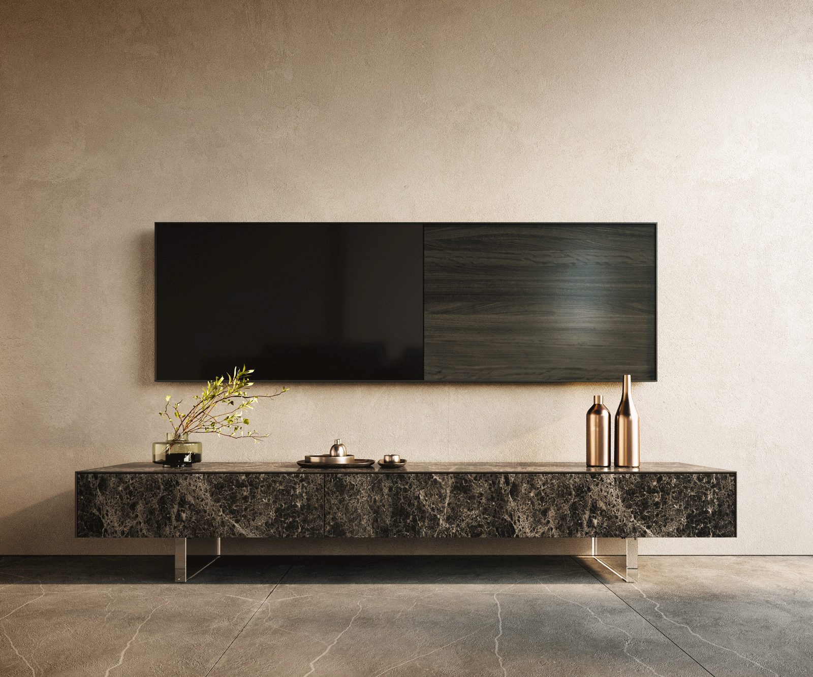Meuble-TV Cuor 200 cm Céramique Emperador Extra Lucidato brun foncé 1 Clapet 1 Tiroir Pied optique flottant Verre acrylique 1