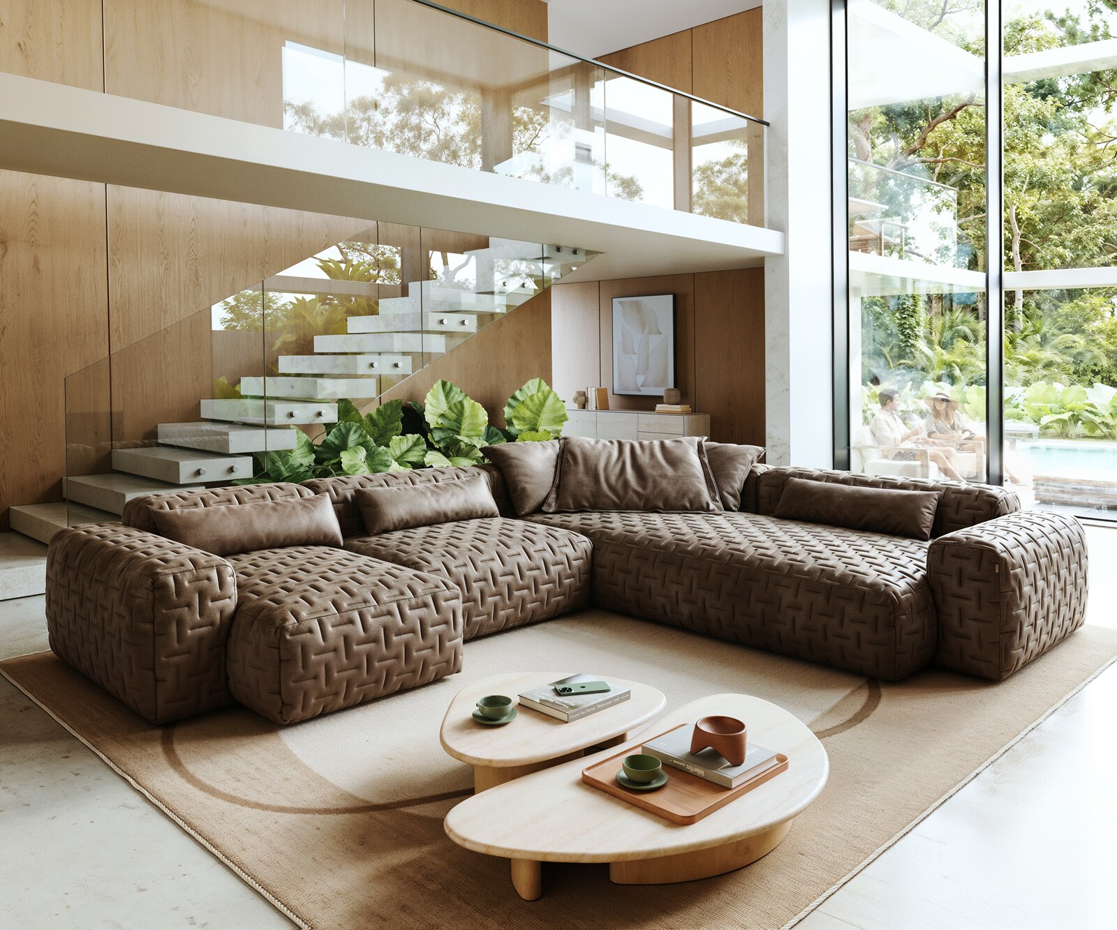 Canapé panoramique Freestyle 360x290 cm Tissu microfibre Taupe Vintage matelassé