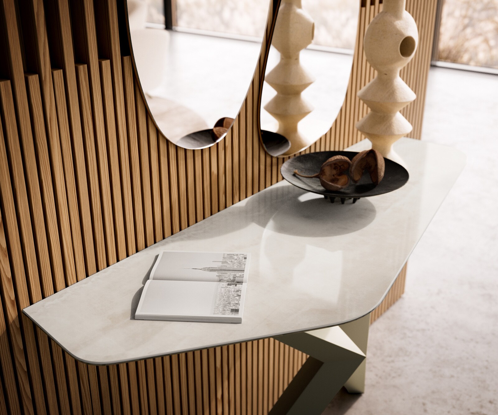 Console Edge Polygonal 140x50 cm Céramique Onyx Champagne Zentharo Métal Effektfinish Titan 6