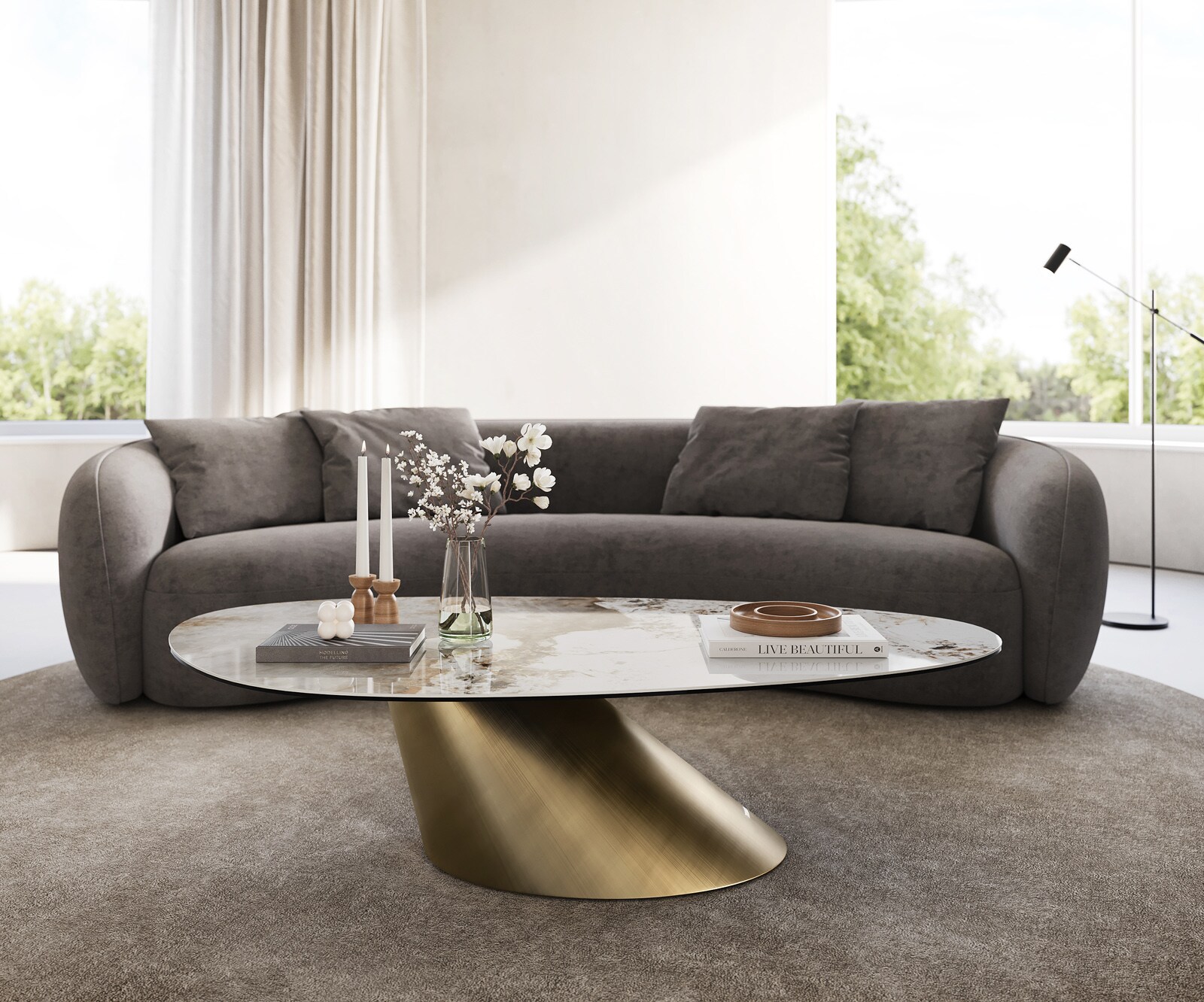 Table basse Edge Oval 140x75 cm céramique Minas Melange Conis doré métallique 1