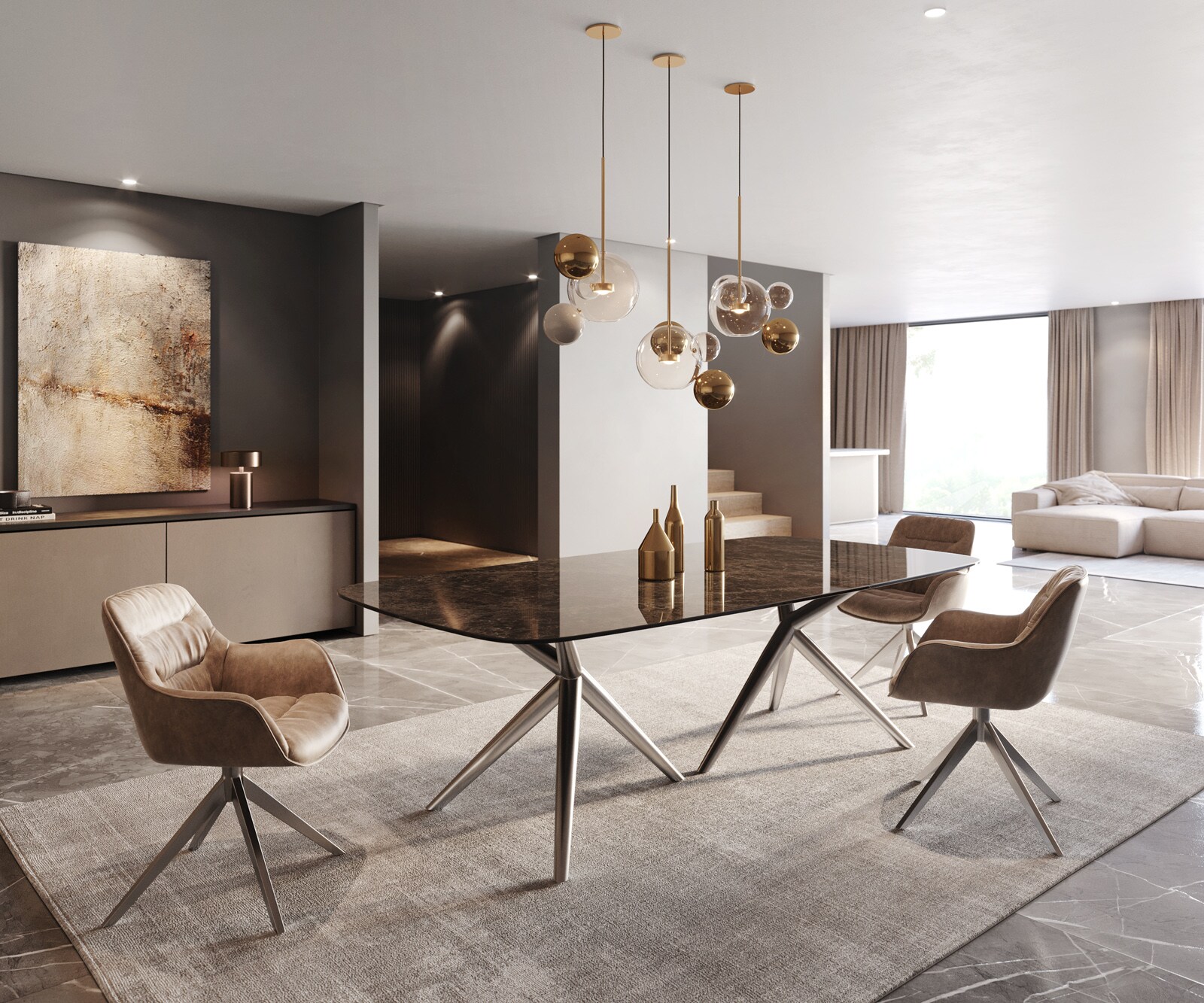 Table de salle à manger Edge Boot Céramique Emperador Extra Lucidato Brun foncé 240x120 Estelar rond Acier inoxydable 6