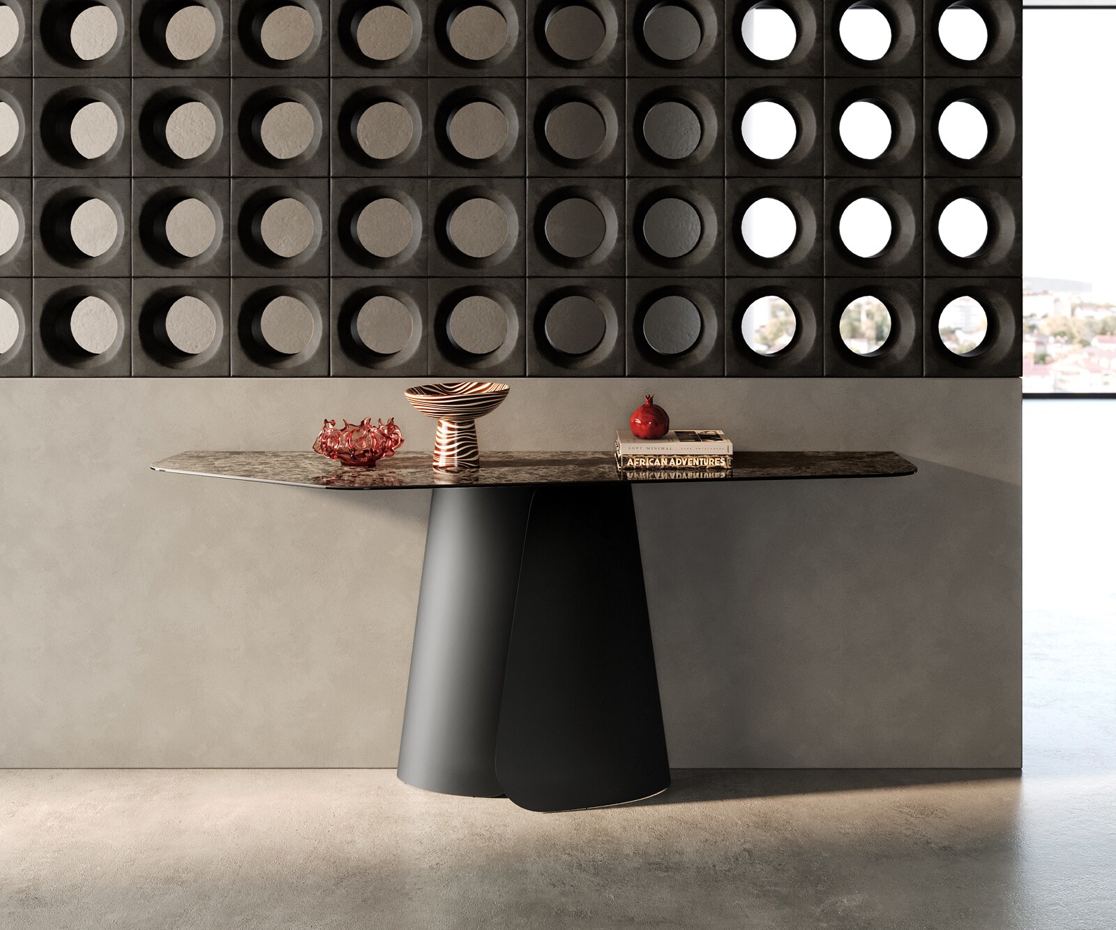 Console Edge Polygonal 180x50 cm Céramique Emperador Extra Lucidato Dunkelbraun Livos Métal Noir 4