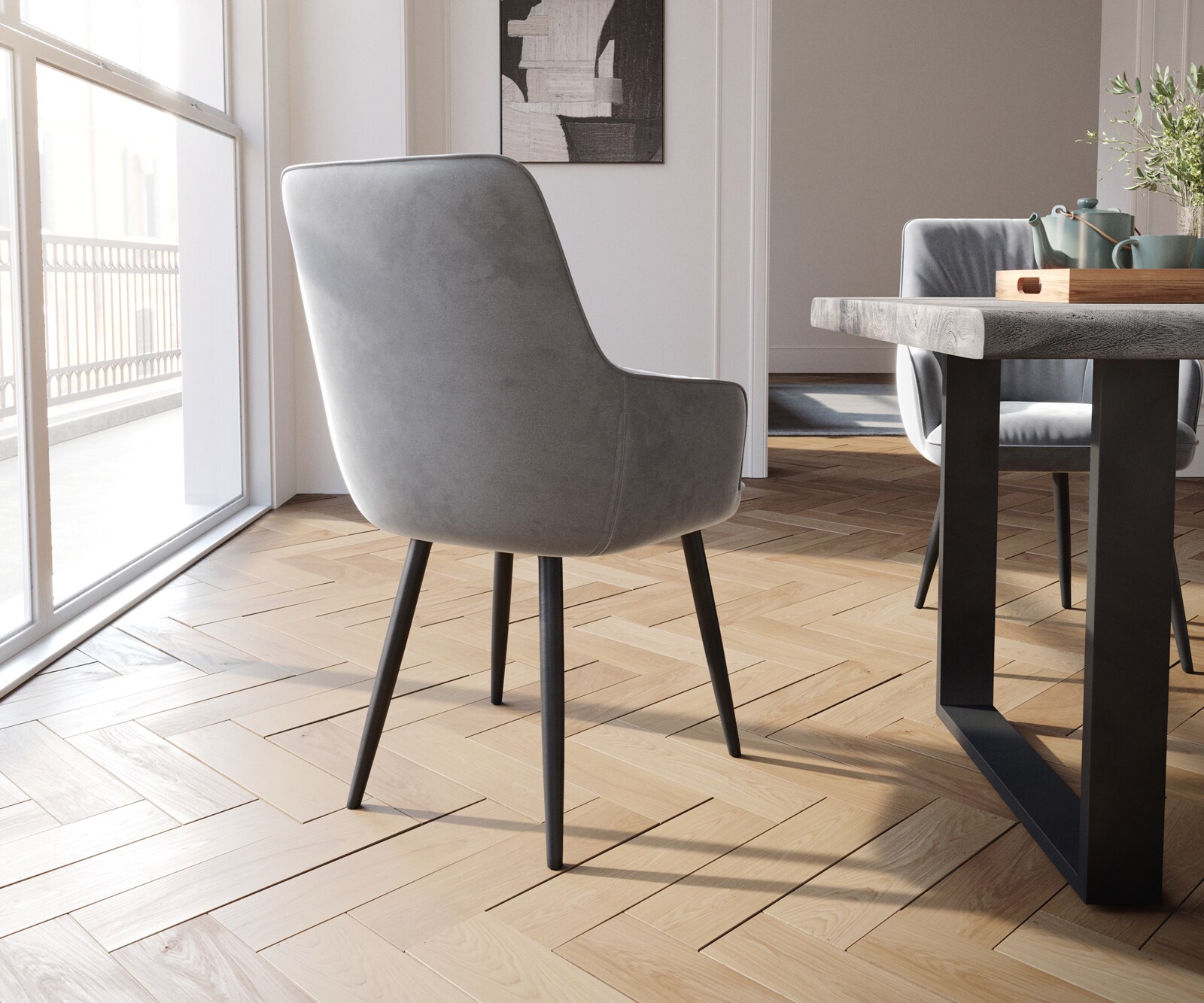 Chaise-de-salle-à-manger Zelia-Flex avec accoudoirs velours gris 4 pieds coniques noir ressorts ensachés 4
