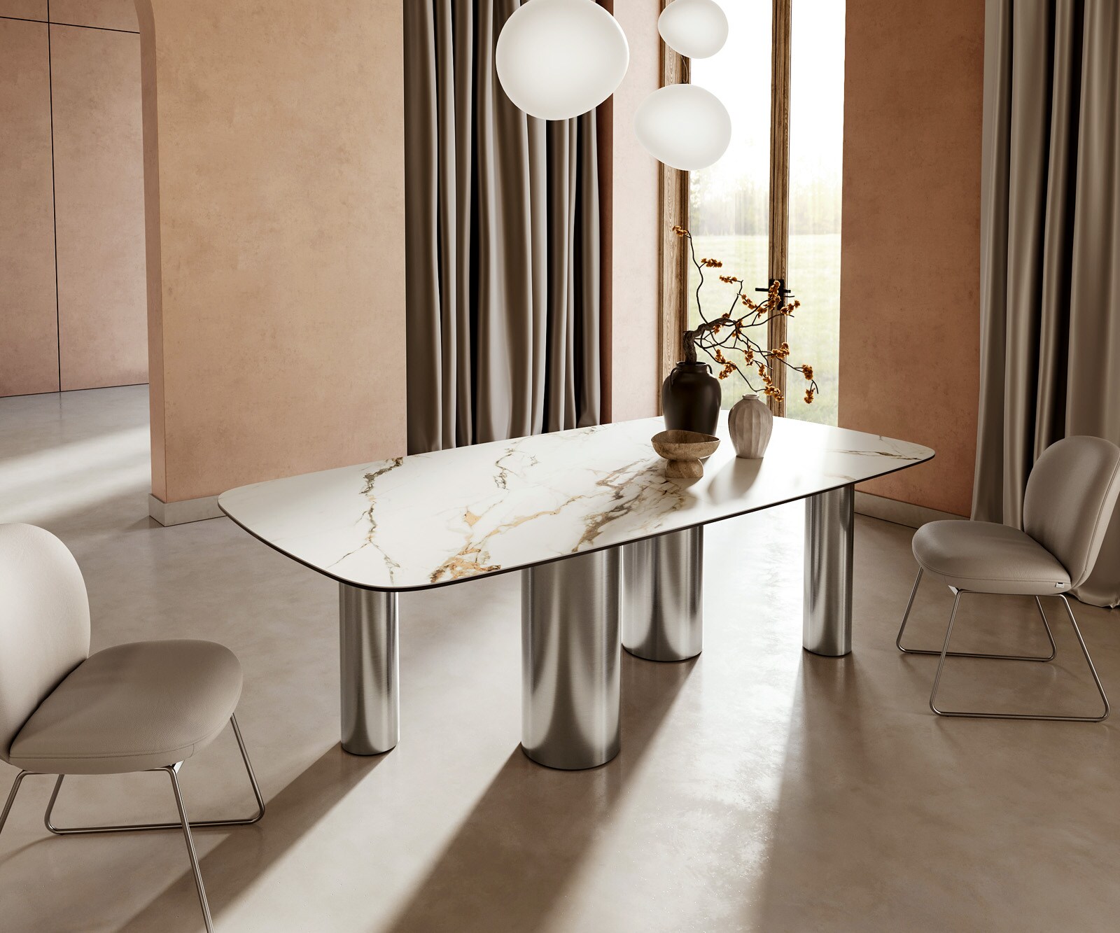 Table à manger Edge Boot 240x120cm céramique Calacatta Luxe blanc-doré-gris Pilier acier inoxydable 1