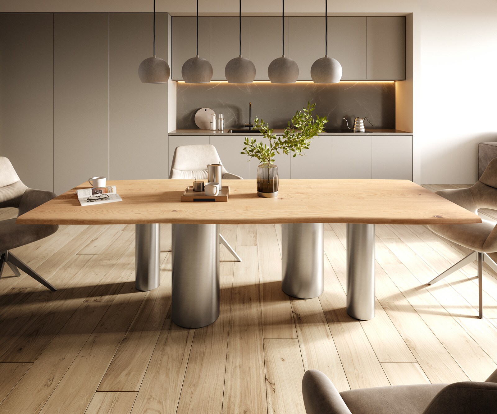 Table à manger Edge 260x100x2,5-3 Chêne Nature Pilier Acier inoxydable brossé Live-Edge 2