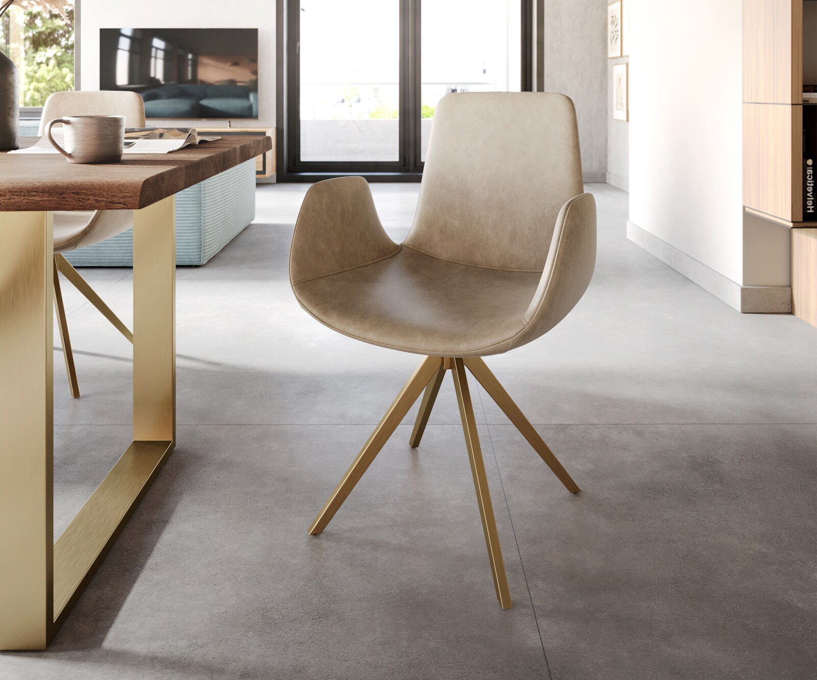 Chaise-pivotante Ilia-Flex avec accoudoirs microvelours beige vintage pied croisé angulaire or pivotement sur 180°