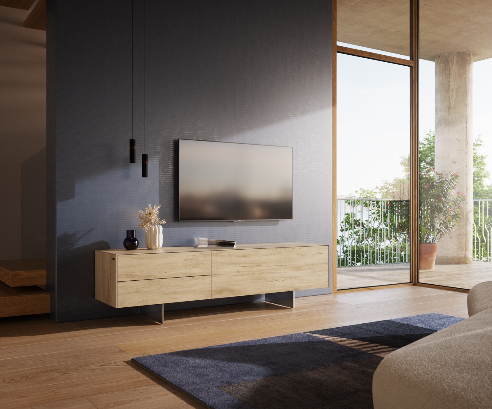 Meuble-TV Cuor 180 cm Céramique Laminam® Sabbia Teinte chêne 1 Clapet 2 Tiroirs Pied optique flottant Ancier inoxydable