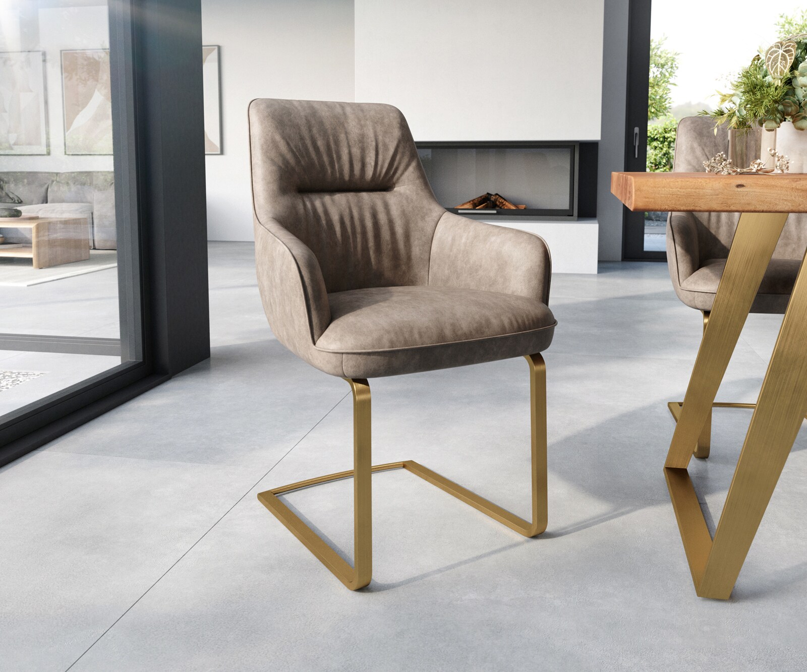 Cantilever Zelia-Flex avec accoudoirs microvelours taupe vintage pied cantilever plat or ressorts ensachés
