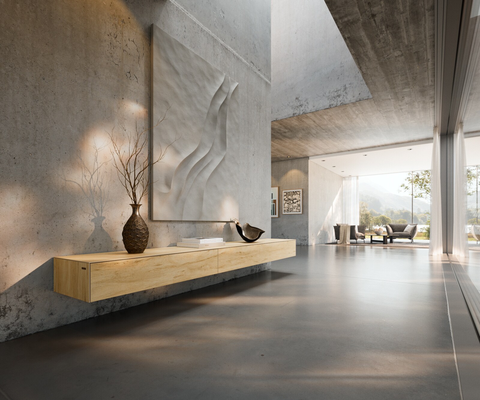 Meuble-TV Cuor 250 cm Céramique Laminam® Sabbia Teinte chêne 1 Clapet 1 Tiroir Flottant 1
