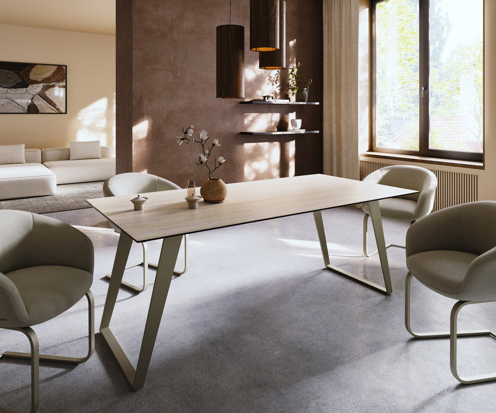 Table à manger Edge 200x100 céramique Laminam® Travertino Bianco crème-blanc métal incliné effet finition titanee 1