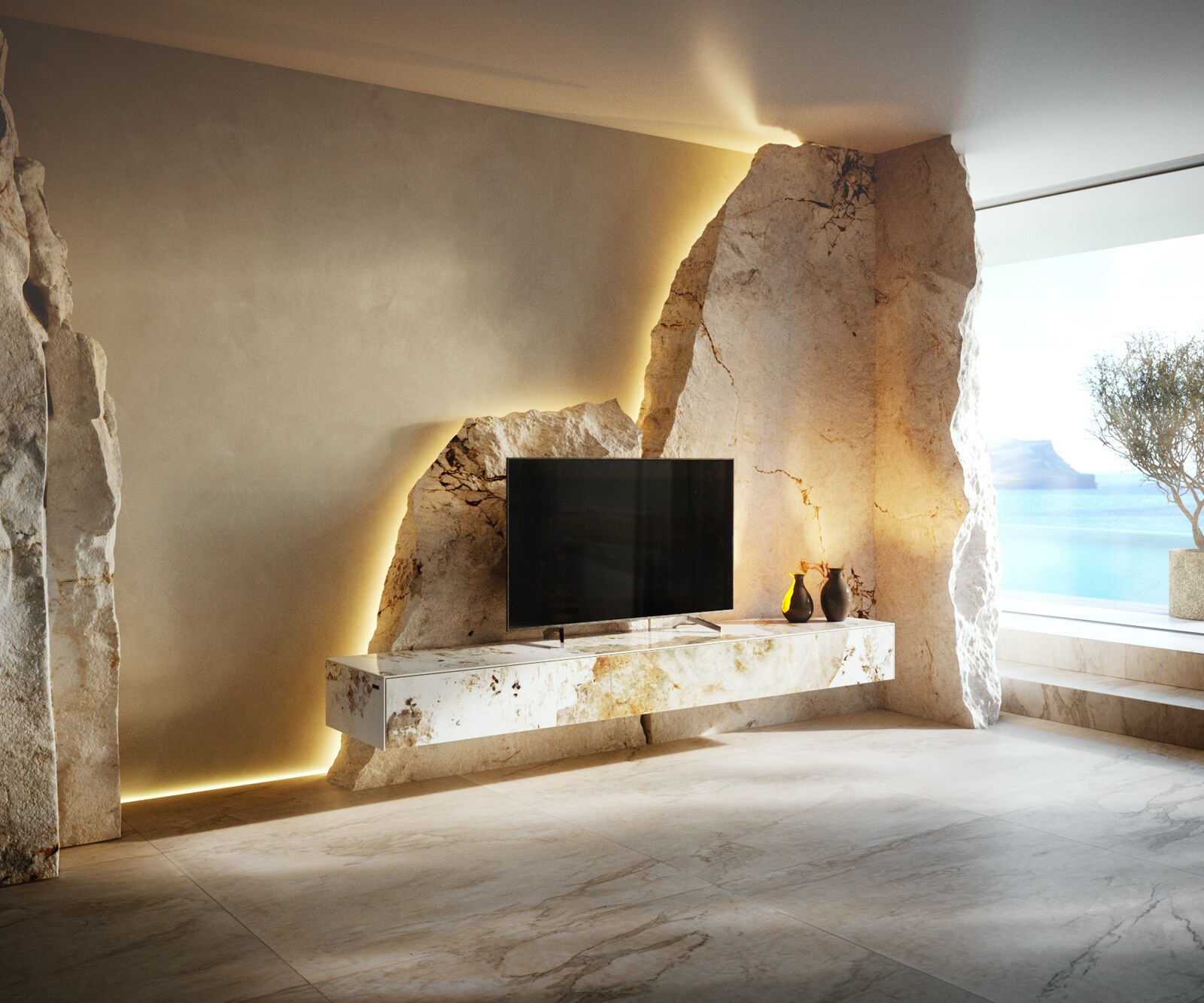 Meuble-TV Cuor 200 cm Céramique Minas Melange Blanc-beige 1 Clapet 1 Tiroir Flottant 1
