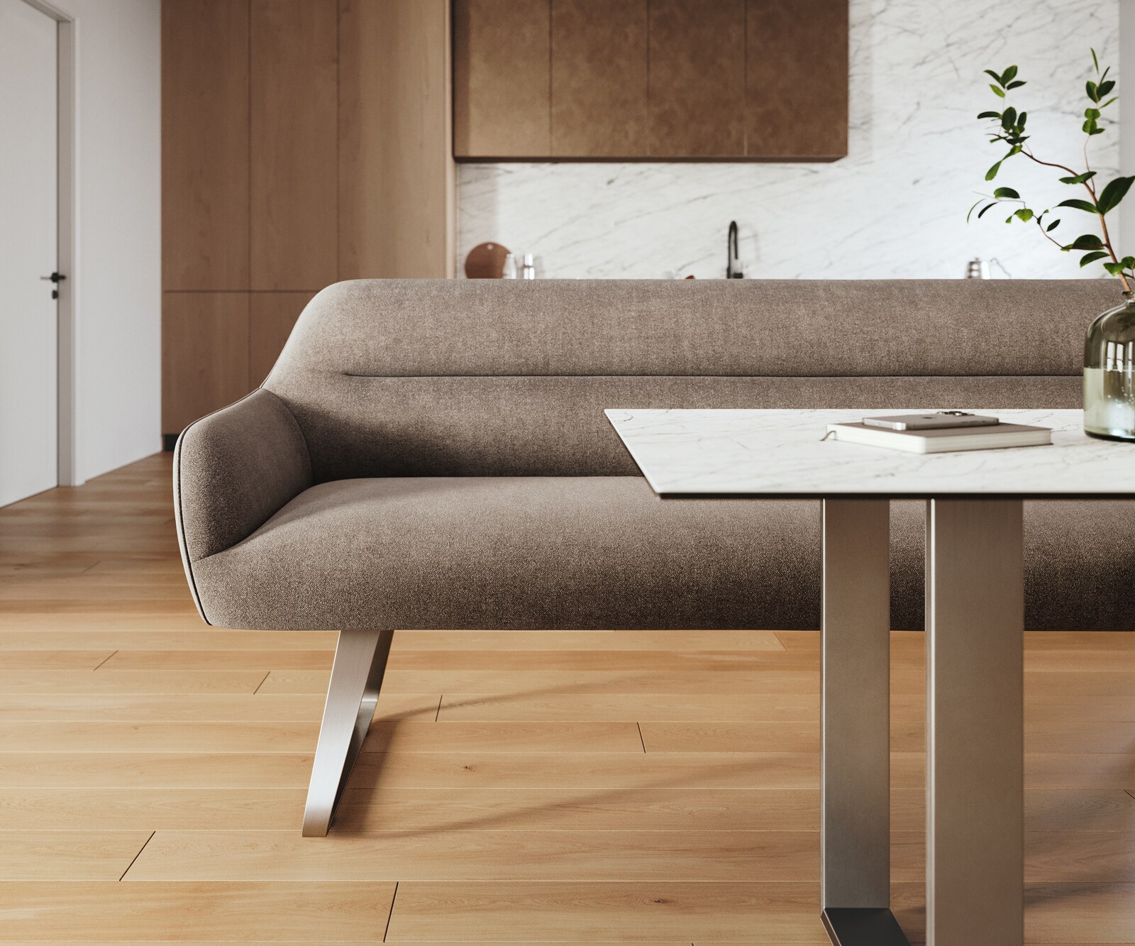 Banc-de-salle-à-manger Taya-Flex 200 cm tissu structuré doux taupe châssis à patins plat acier inoxydable ressort ensaché 2