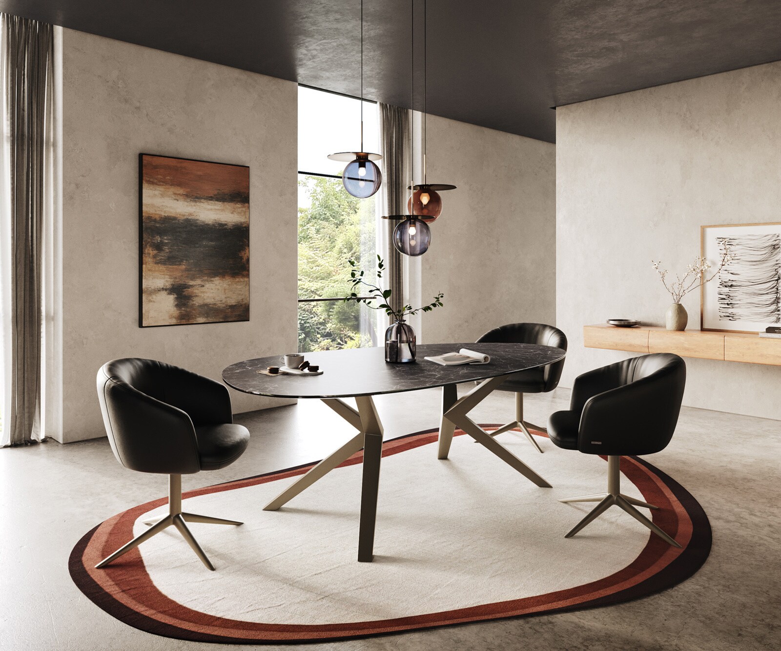 Table à manger Edge Ovale 220x120 Laminam® Céramique Nero Greco Anthracite Zenthara anguleux Métal finition à effet Titane 5