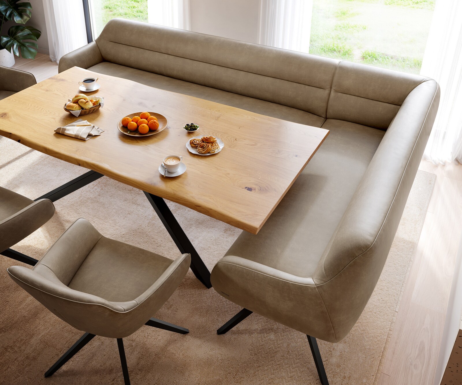 Banc-de-salle-à-manger Taya-Flex 285x190 cm microfibre beige vintage pied croisé angulaire noir ressort ensaché liens 4