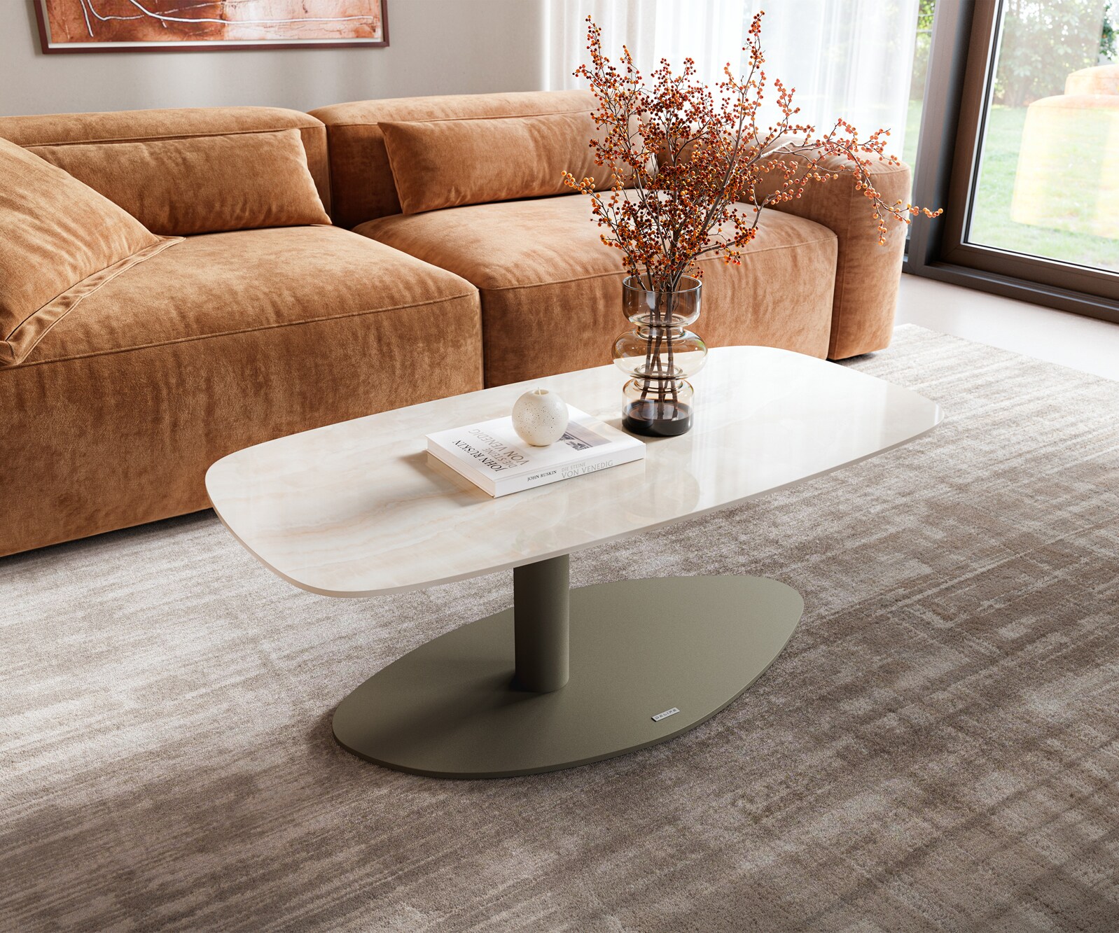 Table basse Edge forme bateau 100x50 cm céramique Onyx Champagne Vibany métal finition effet titane 1