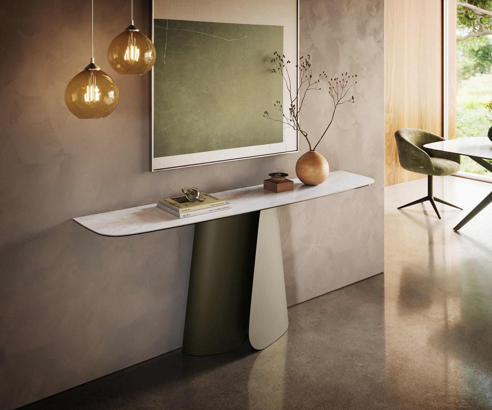 Console Edge forme bateau 180x40 cm Céramique Onyx Pearl Livos Métal Effektfinish Titan 4