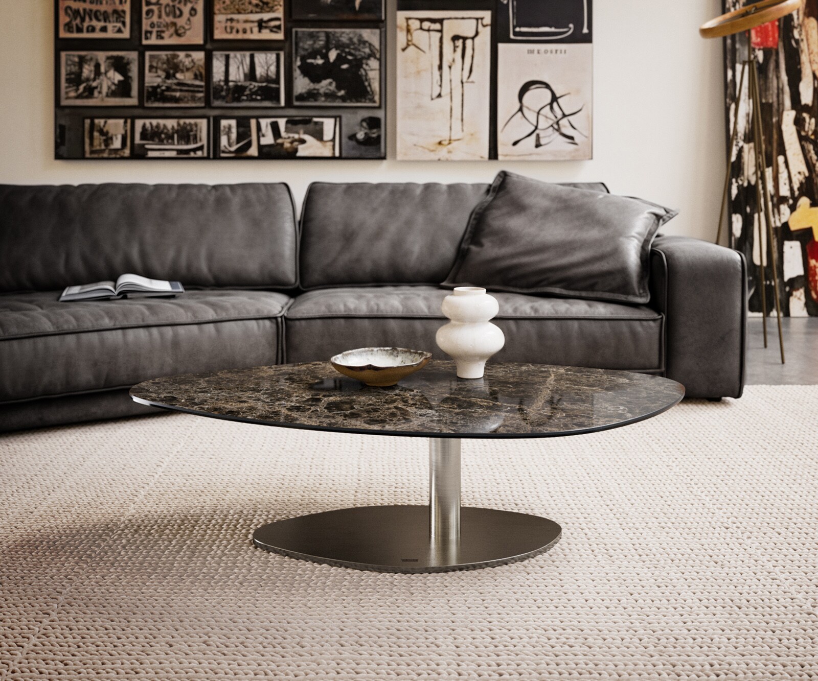 Table basse Edge Organique 140x76 cm céramique Laminam® Emperador Extra Lucidato brun foncé Vibany acier inoxydable brossé 1