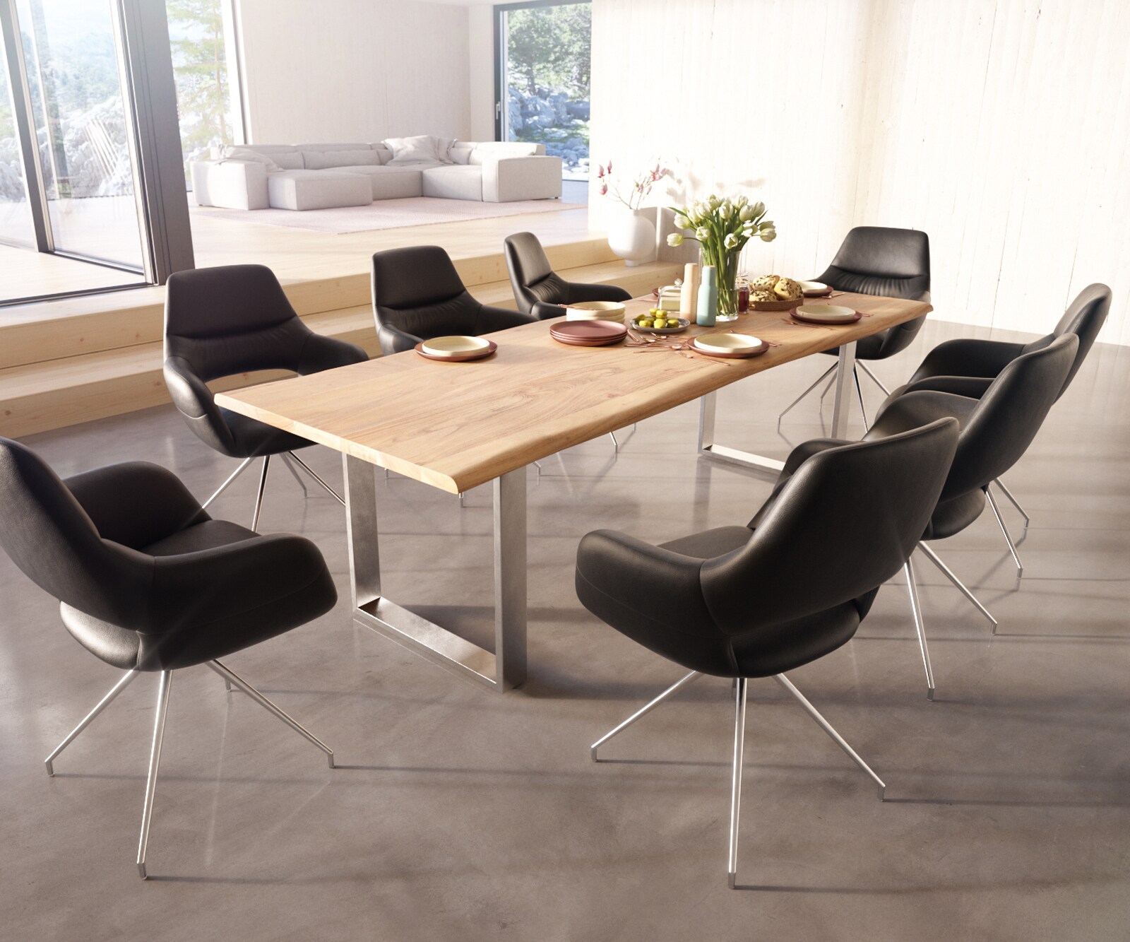 Chaise-de-salle-à-manger Yago-Flex avec accoudoirs cuir de vache noir pied croisé conique acier inoxydable brossé ressorts ensachés 3 Chaise-de-salle-à-manger Yago-Flex avec accoudoirs cuir de vache noir pied croisé conique acier inoxydable brossé ressorts ensachés 3