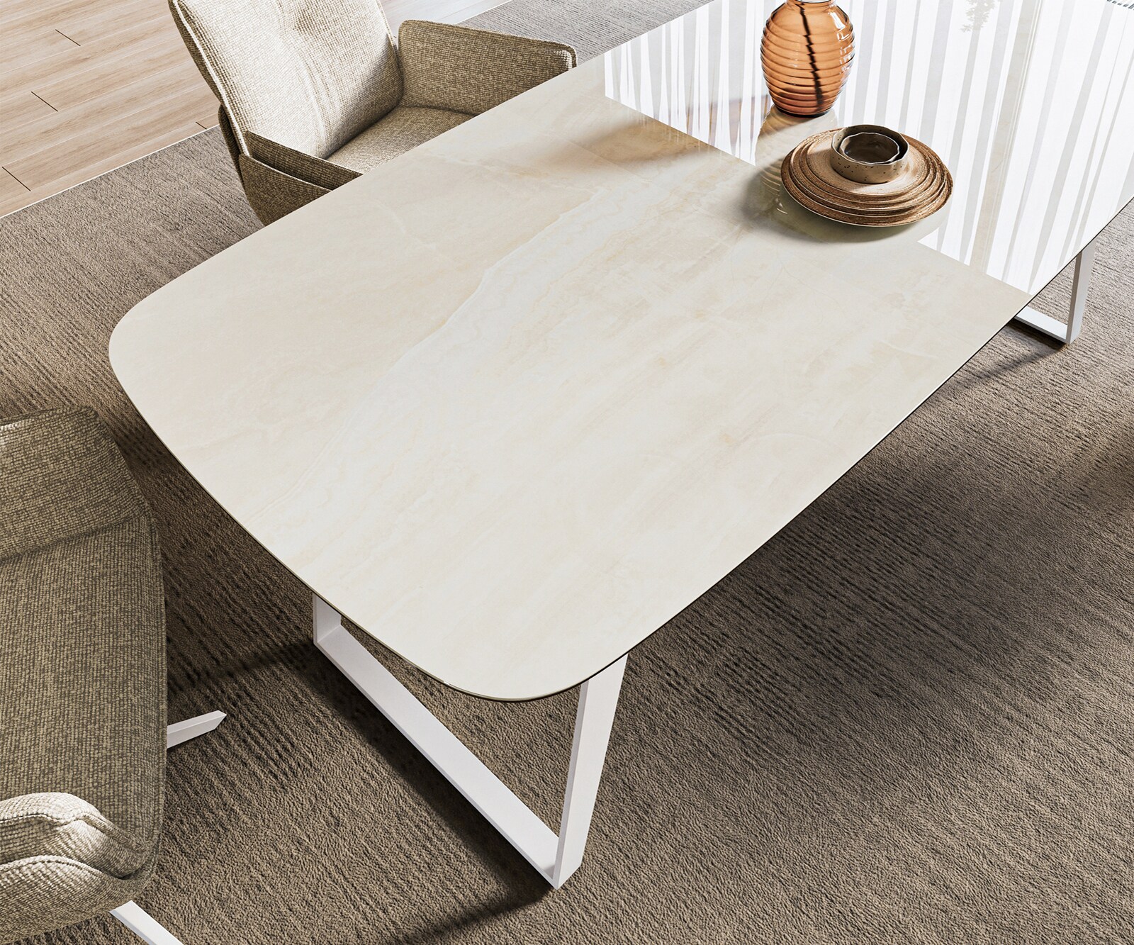 Table à manger Edge bateau 200x100 cm céramique Onyx Champagne piètement incliné métal blanc 3