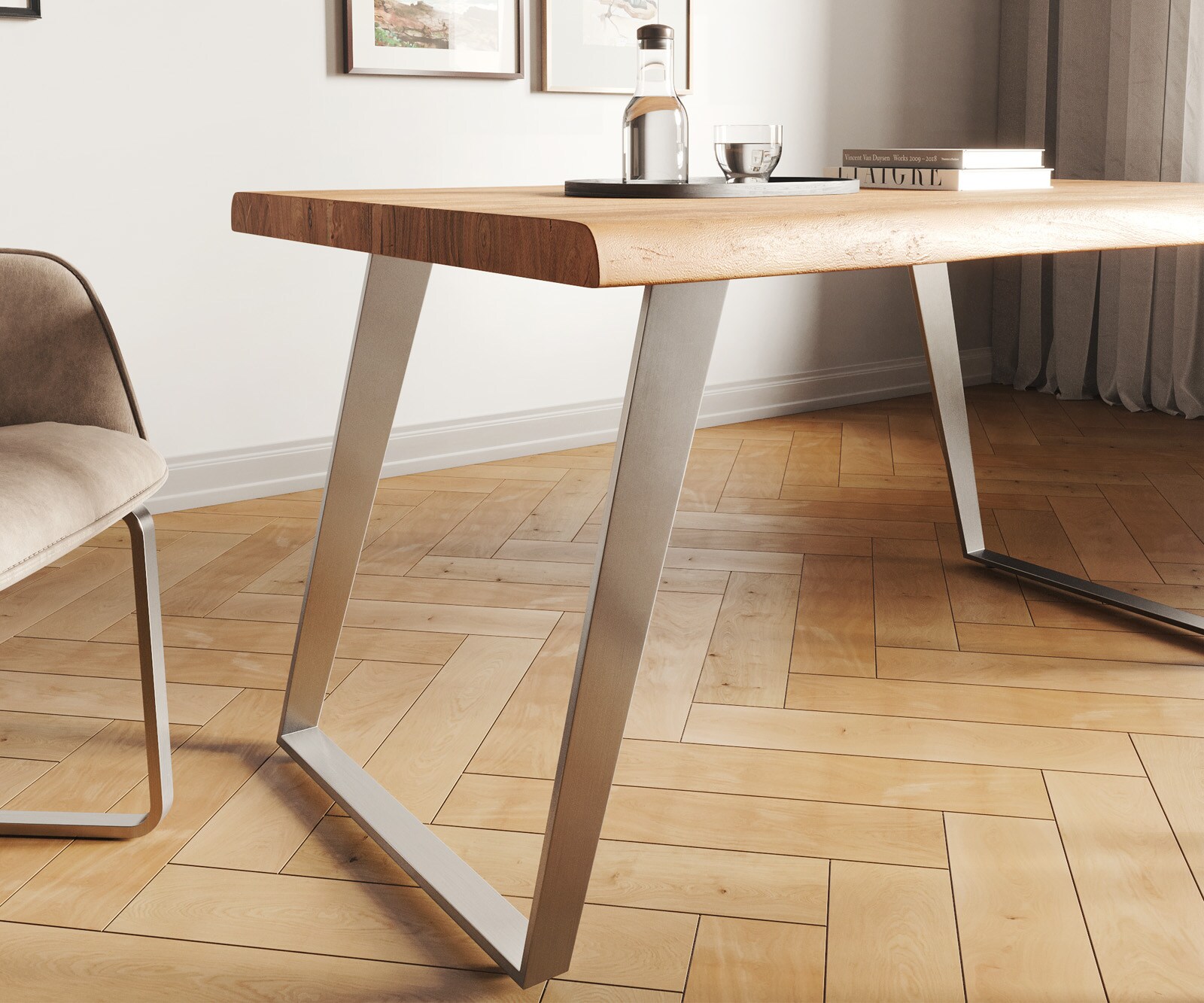 Table-à-manger Edge 140x90 XL acacia nature acier inoxydable incliné Live-Edge 4 Table-à-manger Edge 140x90 XL acacia nature acier inoxydable incliné Live-Edge 4
