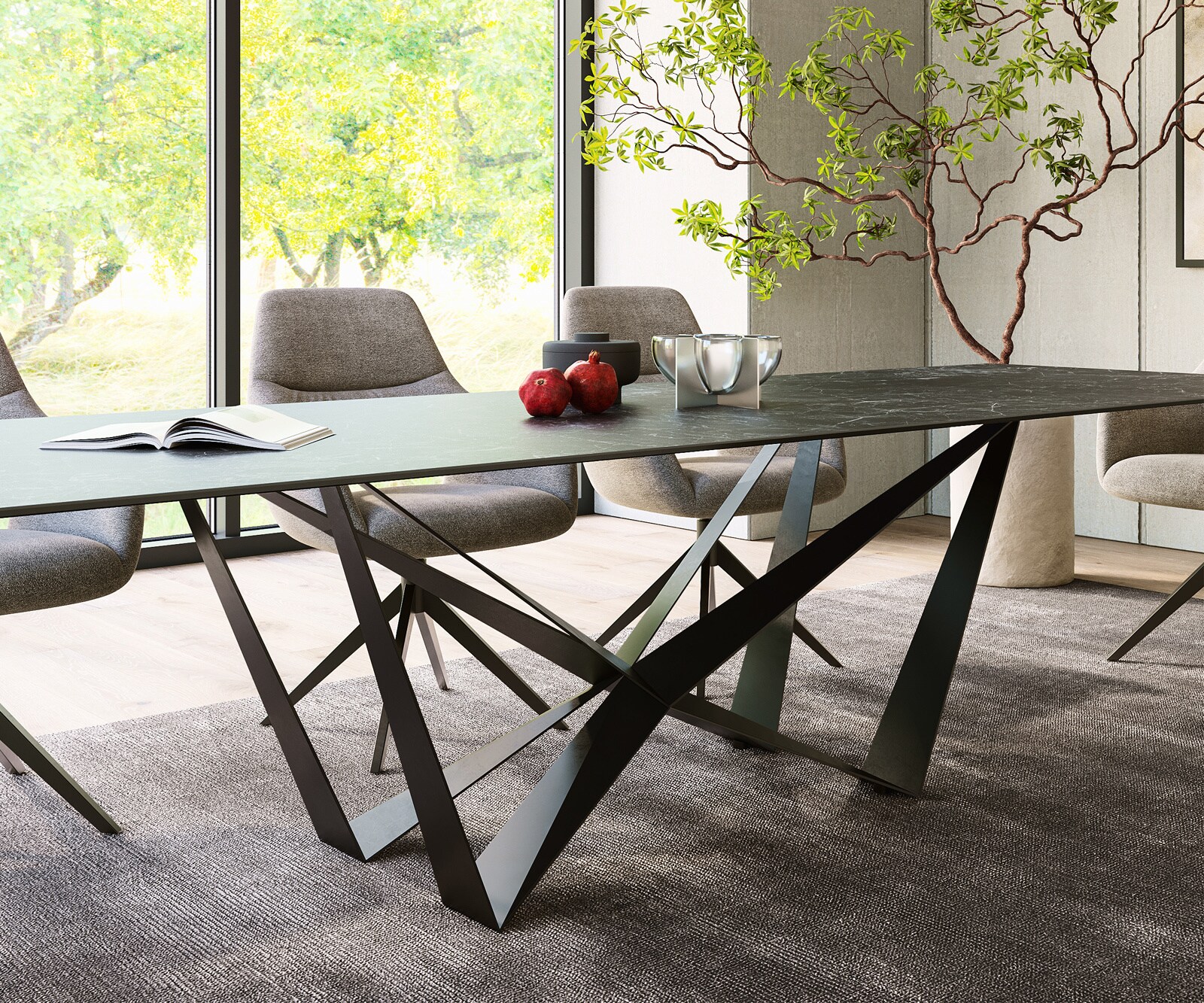 Table-à-manger Edge 300x100cm Laminam® céramique gris pieds milieu acier plat noir 6