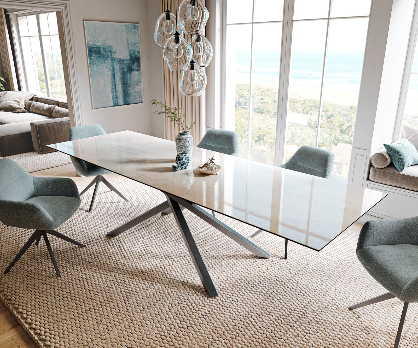 Table à manger extensible Edge 200-300x100 cm céramique Onyx Champagne piètement croisé rectangulaire inox graphite 1