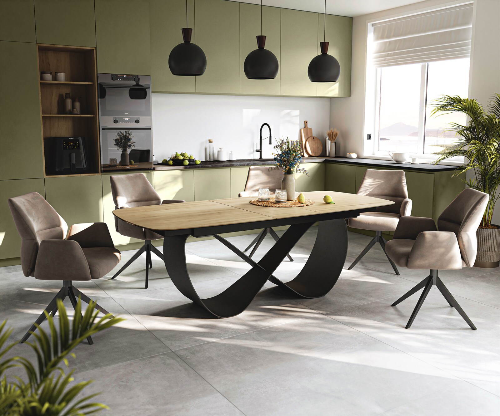Table à manger Edge Boot 180-220x100 cm Céramique Laminam® Sabbia Eichefarbig Infinity Métal Noir extensible 5