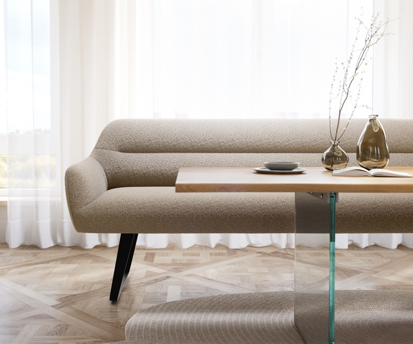 Banc-de-salle-à-manger Taya-Flex 200 cm bouclé boue châssis à patins plat noir ressort ensaché 2