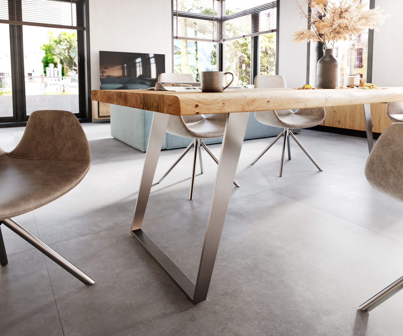 Table à manger Edge 280x100 XL acacia nature acier inoxydable inclinée Live-Edge 5