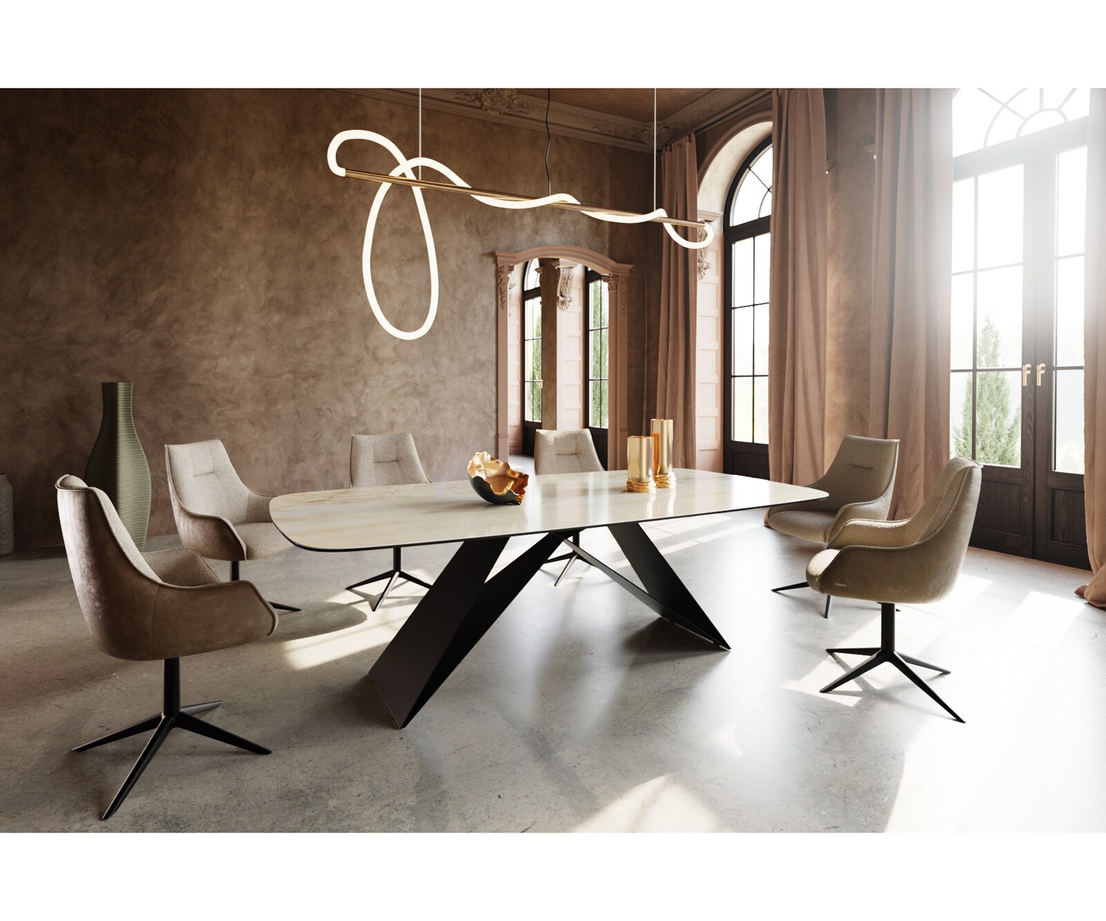 Table à manger Edge Oval 240x120 Céramique Iris FMG Onice Oro Piétement en V Acier plat noir 4