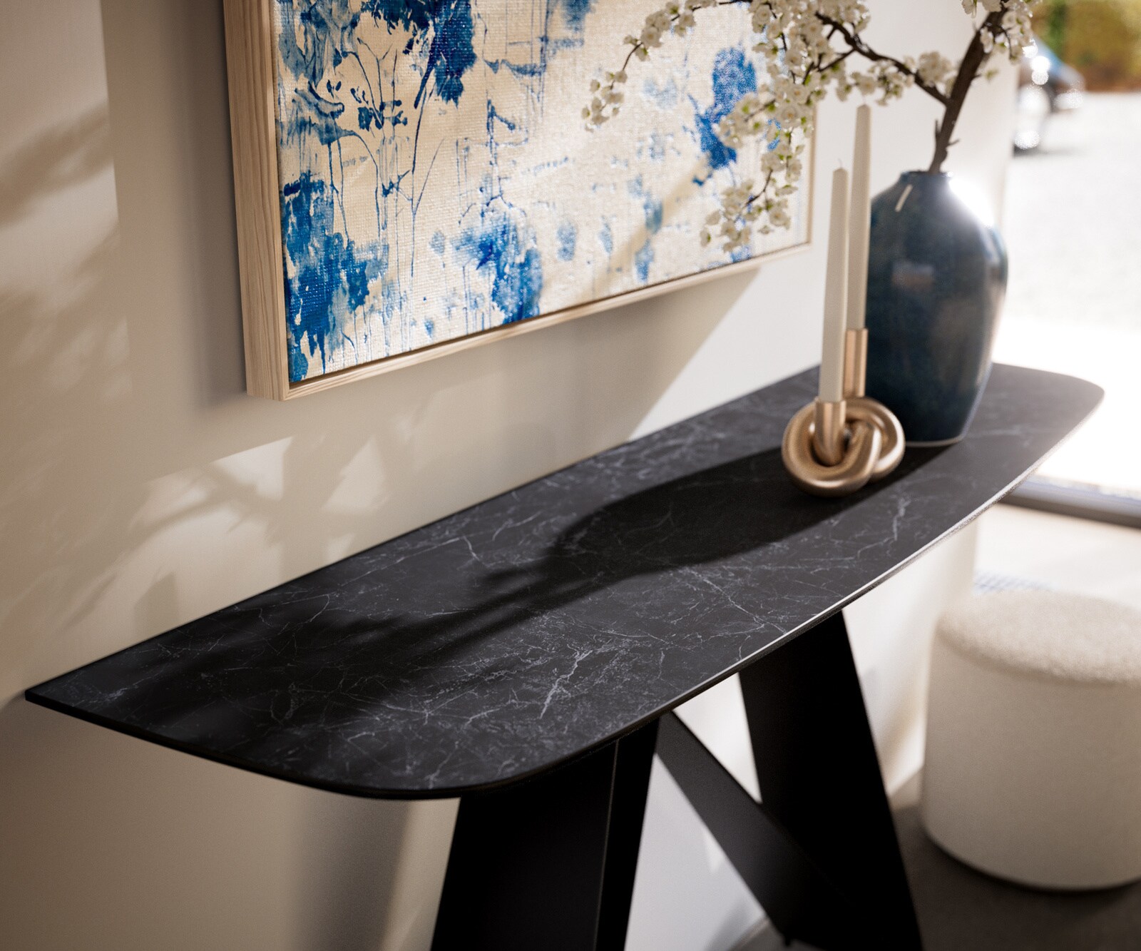 Console Edge forme bateau 140x40 cm Céramique Laminam® Nero Greco Anthrazit Velio Métal Noir 1