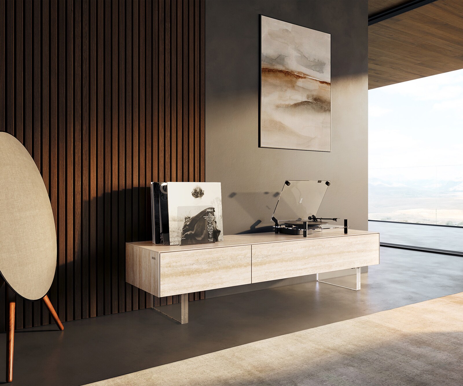Meuble-TV Cuor 150 cm Céramique Laminam® Travertino Bianco Crème-blanc 1 Clapet 1 Tiroir Pied optique flottant Verre acrylique