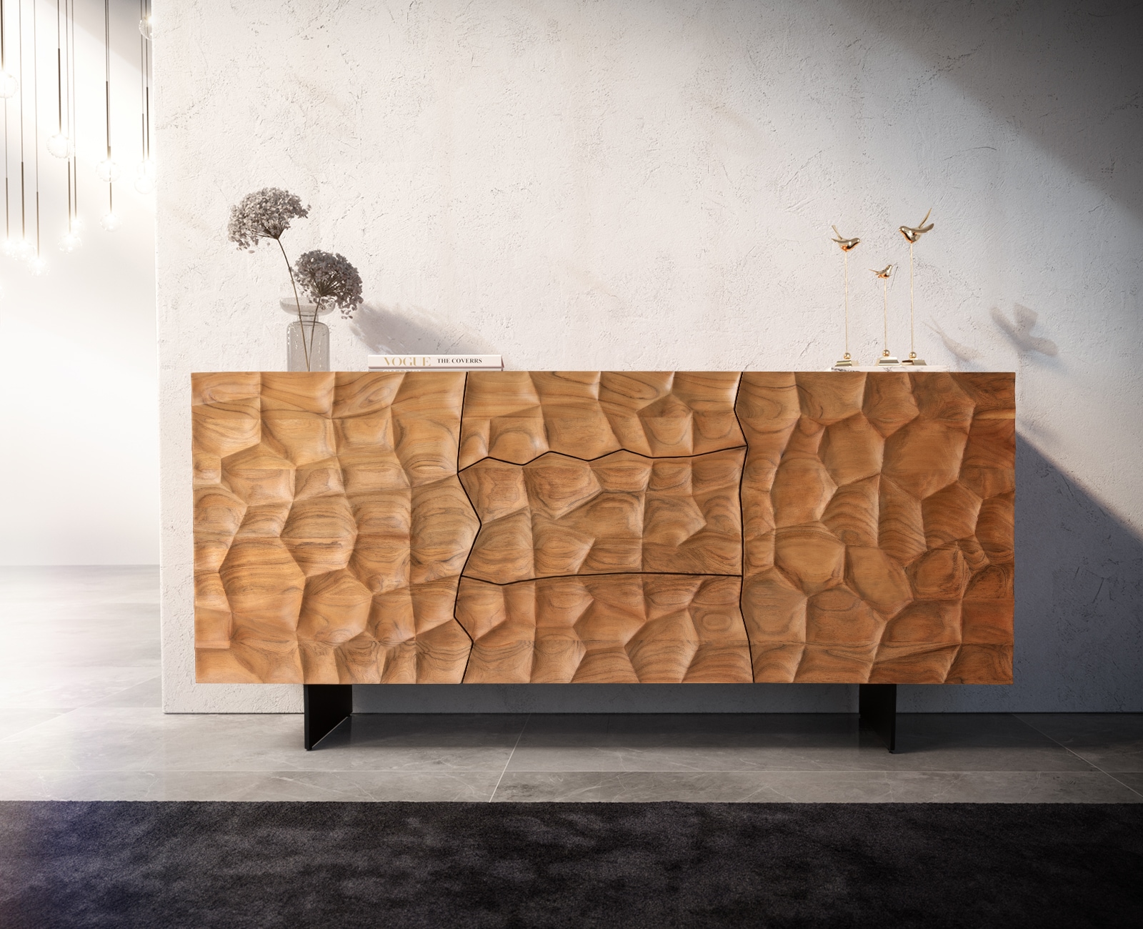 Buffet Solu 175 cm acacia naturel 2 portes 3 tiroirs pied flottant métal noir façade 3D 2