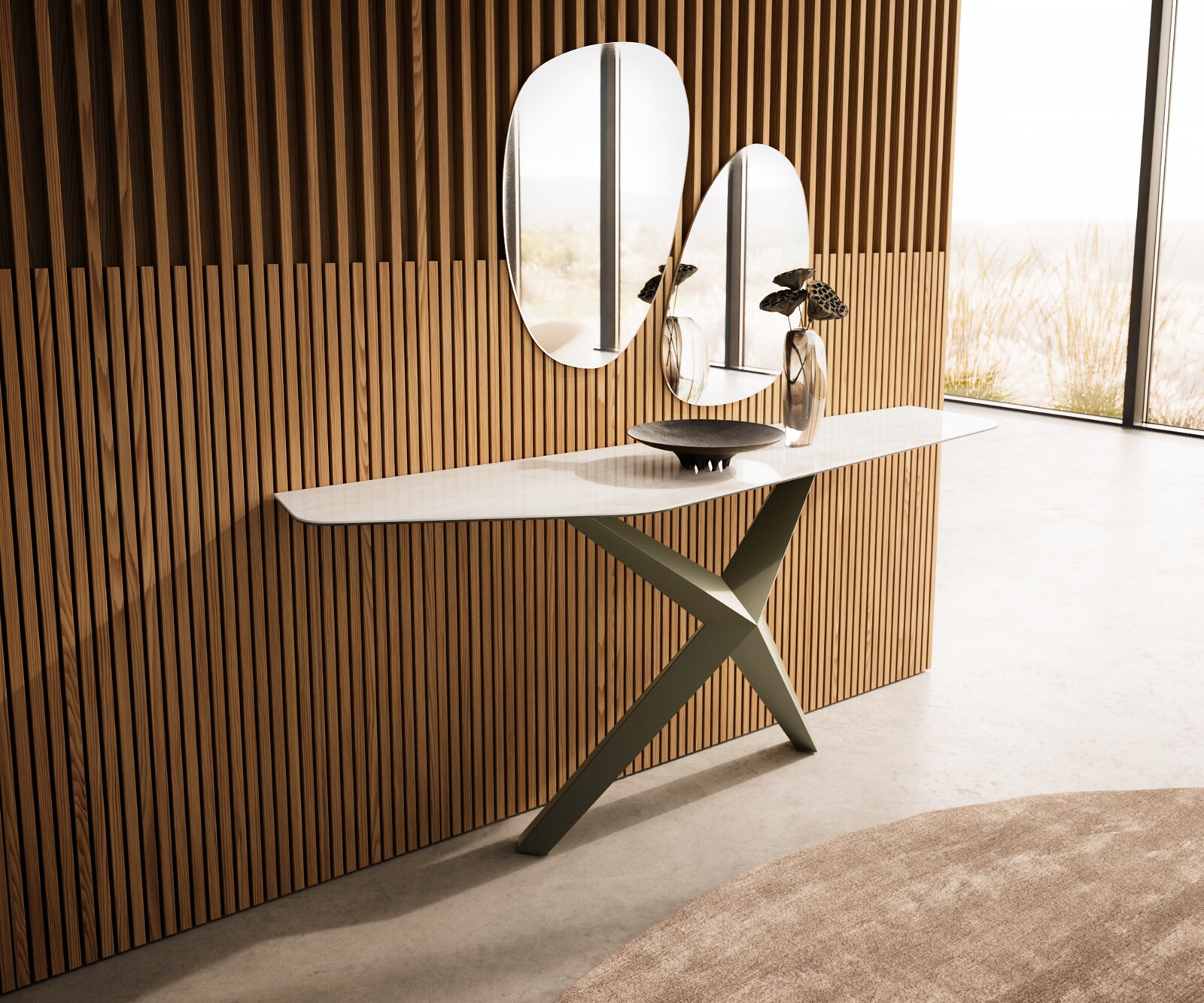 Console Edge Polygonal 180x50 cm Céramique Onyx Champagne Zentharo Métal Effektfinish Titan 4