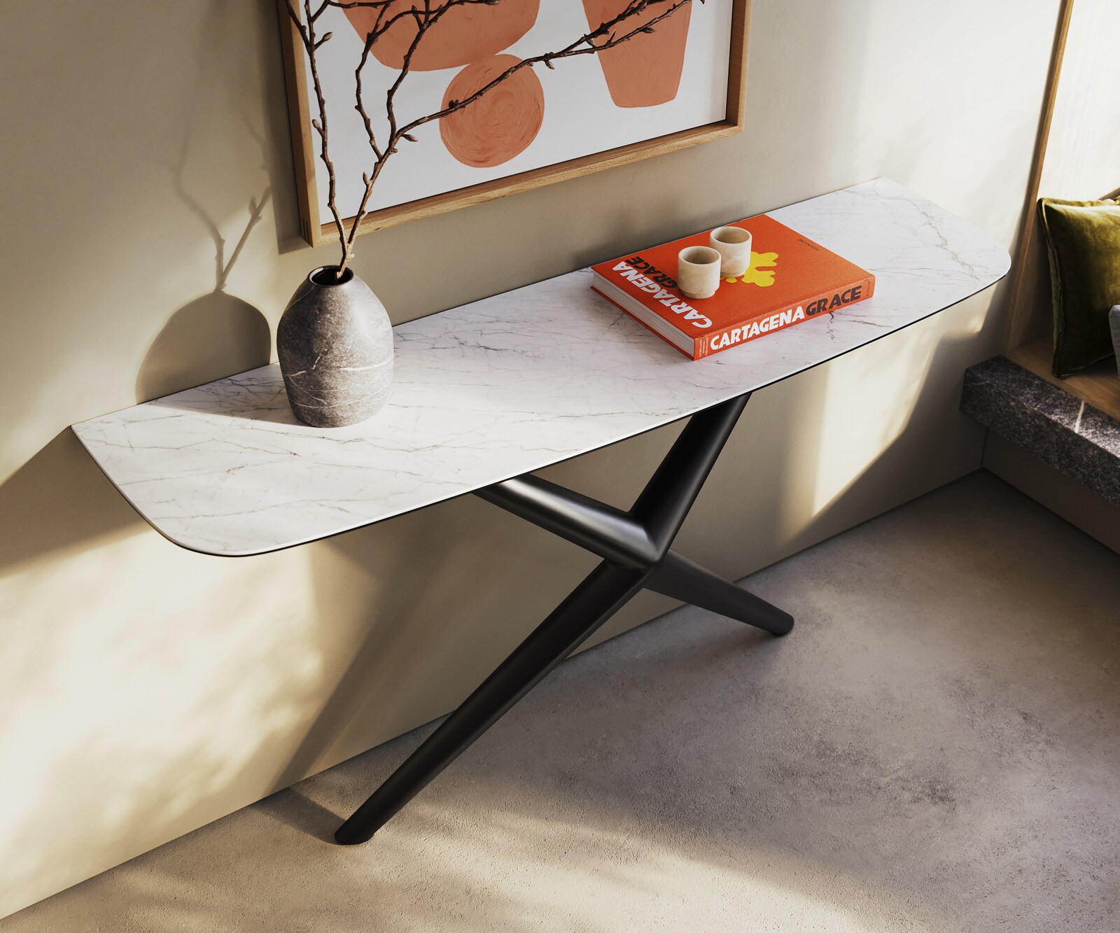 Console Edge forme bateau 140x40 cm Céramique Laminam® Statuarietto Weiß Estelo Métal Noir 2